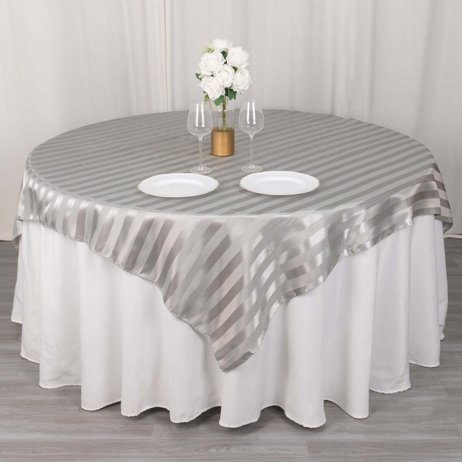 Satin 72"x72" Table Overlay Square Tablecloth Silver - Stripe Table Topper