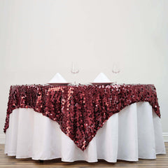 72"x72" Burgundy Big Payette Sequin Square Table Overlay