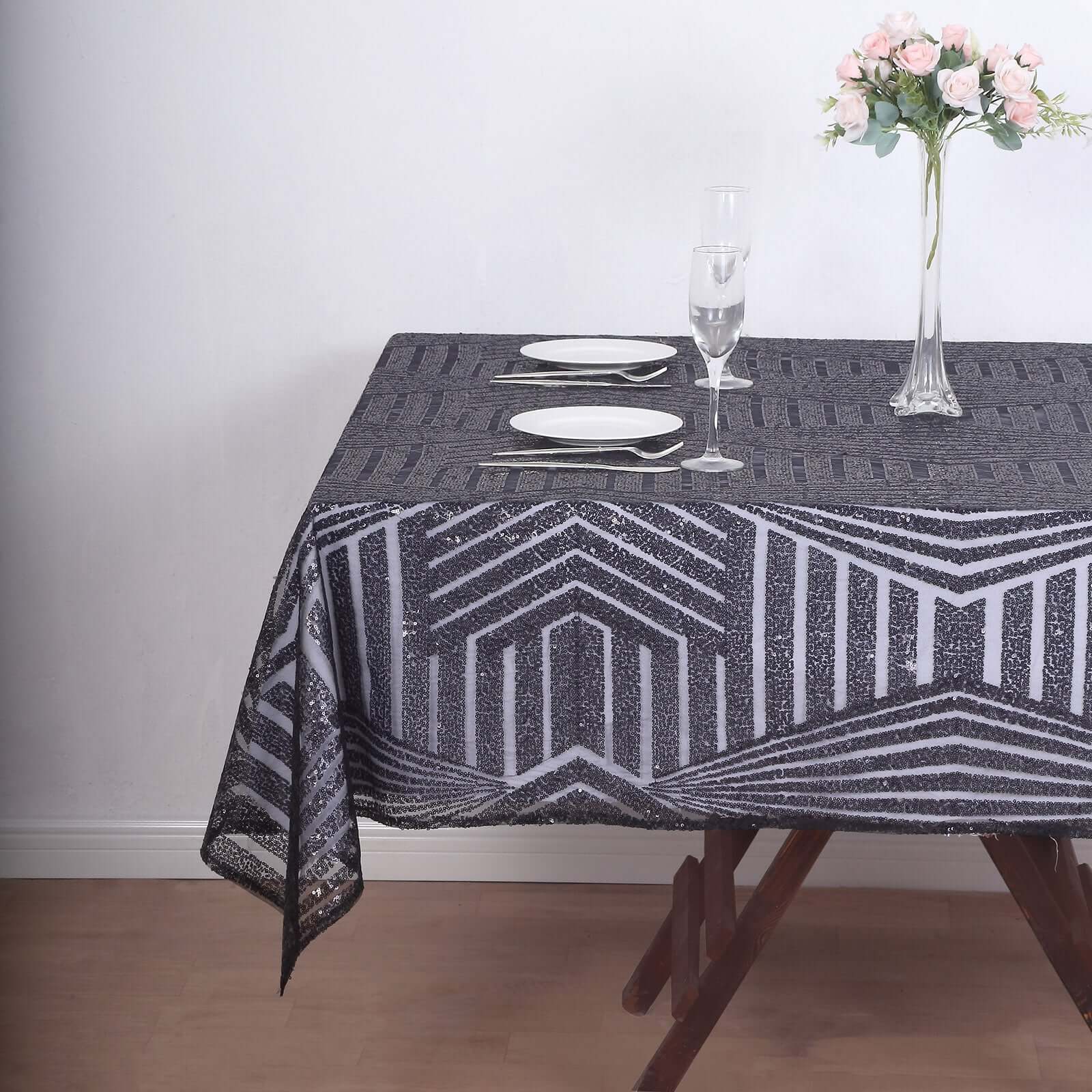 Sequin 72" Table Overlay Square Tablecloth Black - Diamond Glitz Table Cover