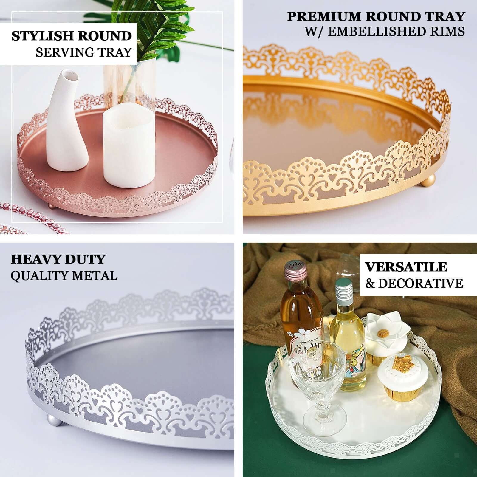 Metal Round Serving Tray 12" in Rose Gold with Embellished Rims, Stylish Decorative Vanity Tray Centerpiece
