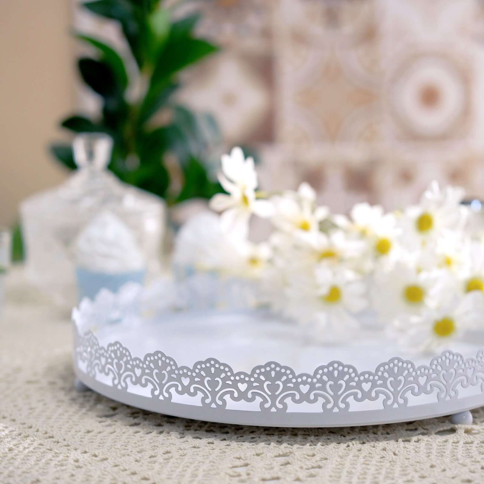 Metal Round Serving Tray 12" in White with Embellished Rims, Stylish Decorative Vanity Tray Centerpiece