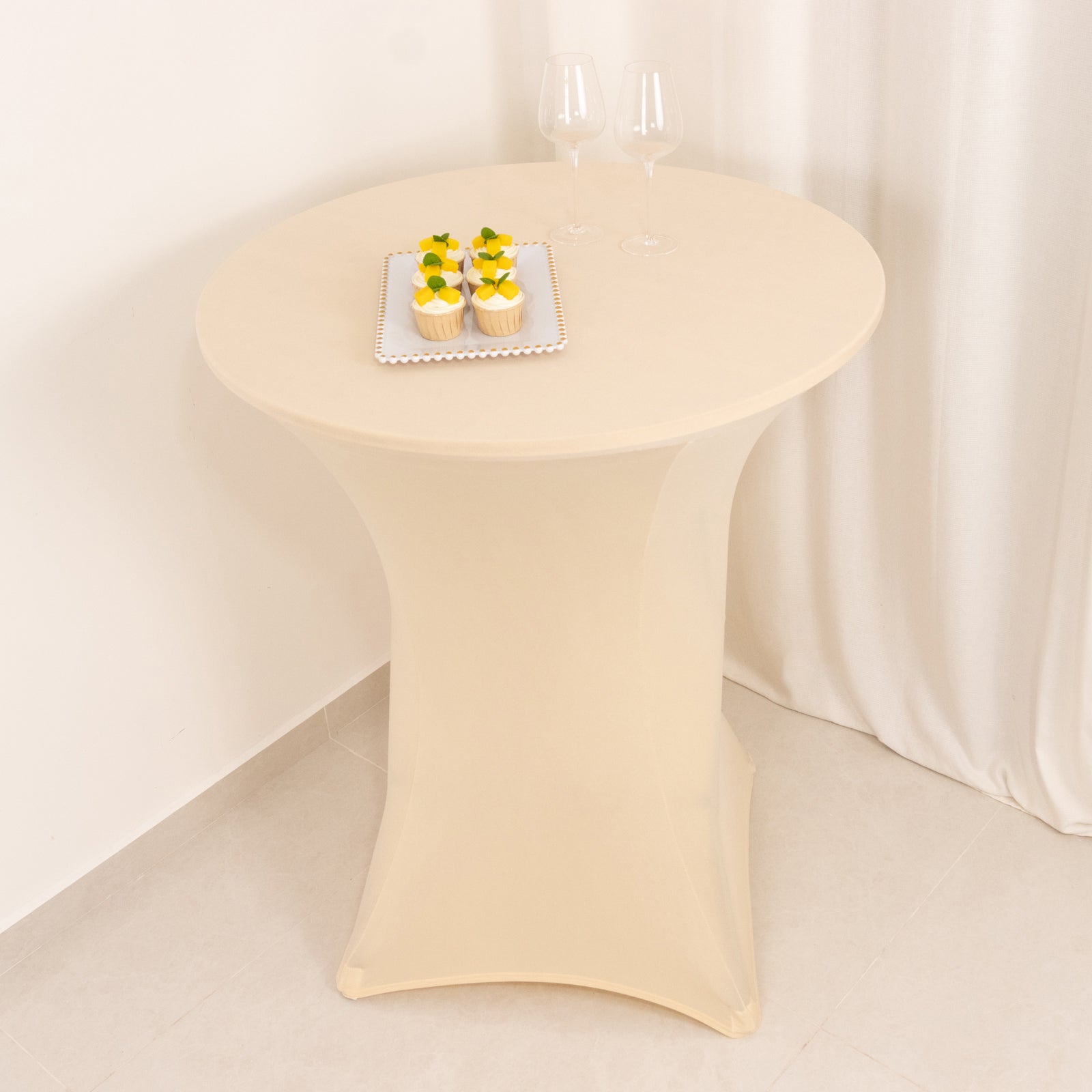Spandex 33"-36" Round Cocktail Table Cover Beige - Easy to Maintain Stretch Fitted Highboy Tablecloth
