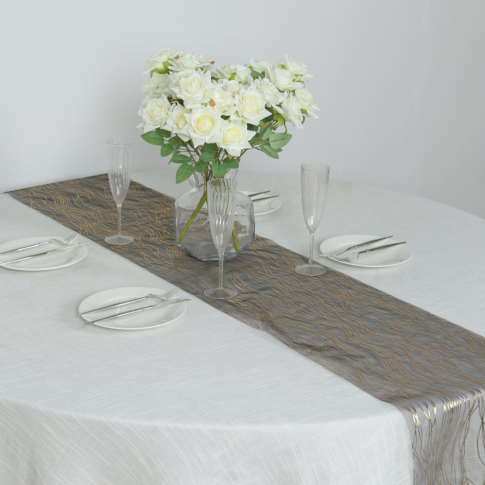 5 Pack Organza 12"x108" Table Runners Black - Gold Wave Design