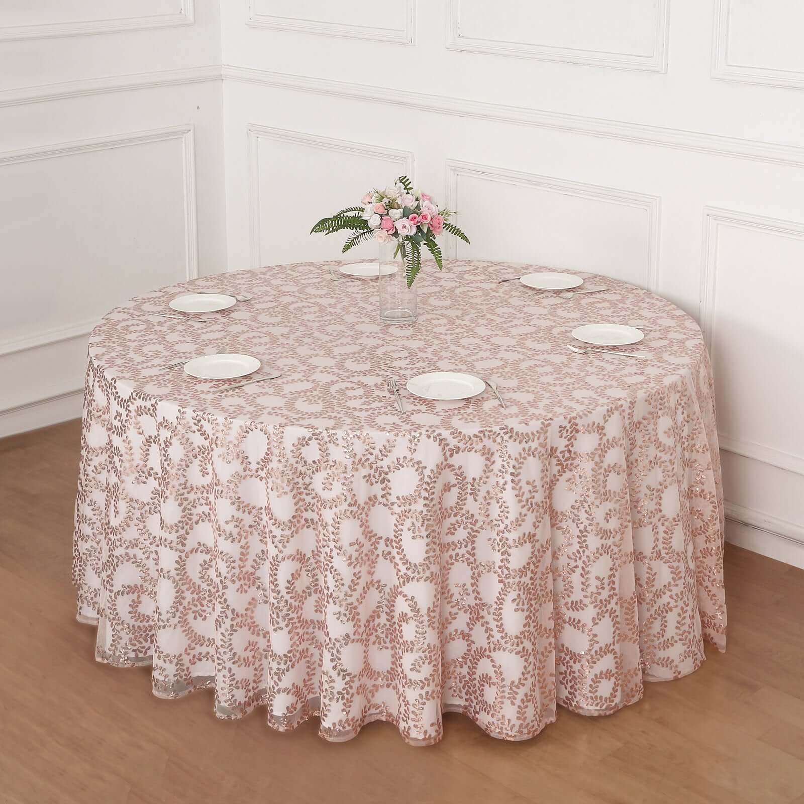Tulle 120" Round Tablecloth Rose Gold - Seamless Sequin Leaf Embroidered Table Cover