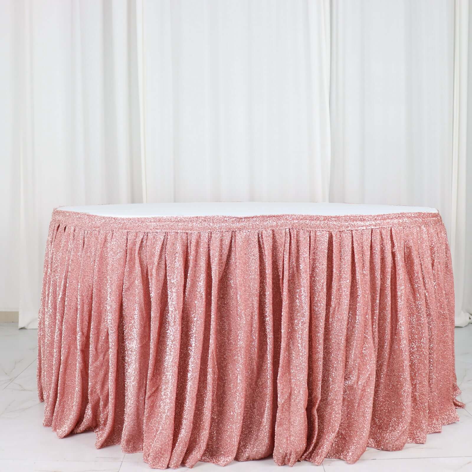 Spandex 17ft Table Skirt Rose Gold Pleated Metallic Shimmer Tinsel with Top Velcro Strip Table Cover