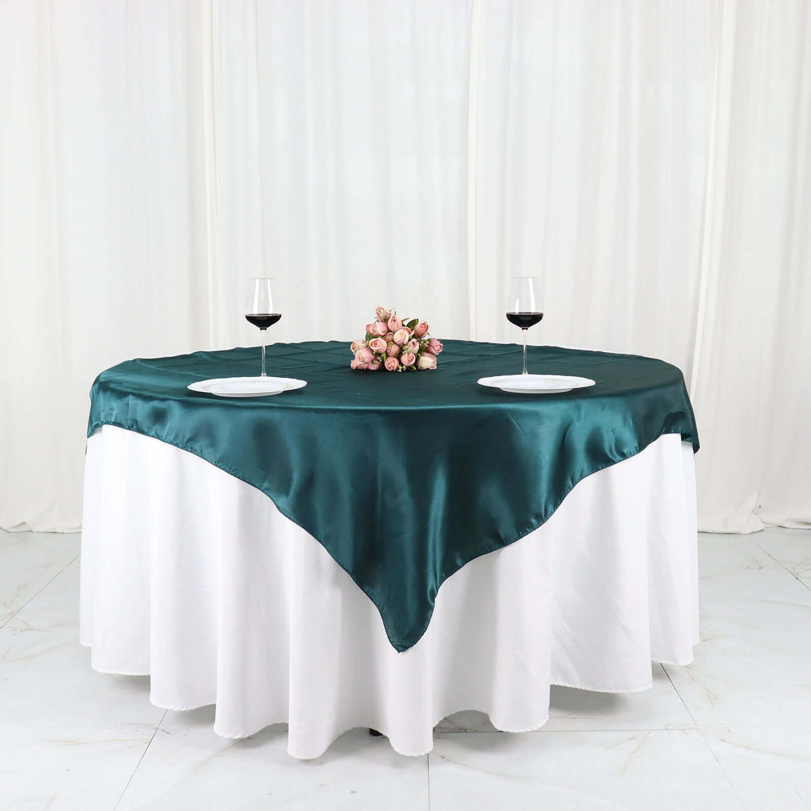 Satin 60"x60" Table Overlay Square Tablecloth Peacock Teal - Smooth Silky Touch Table Cover
