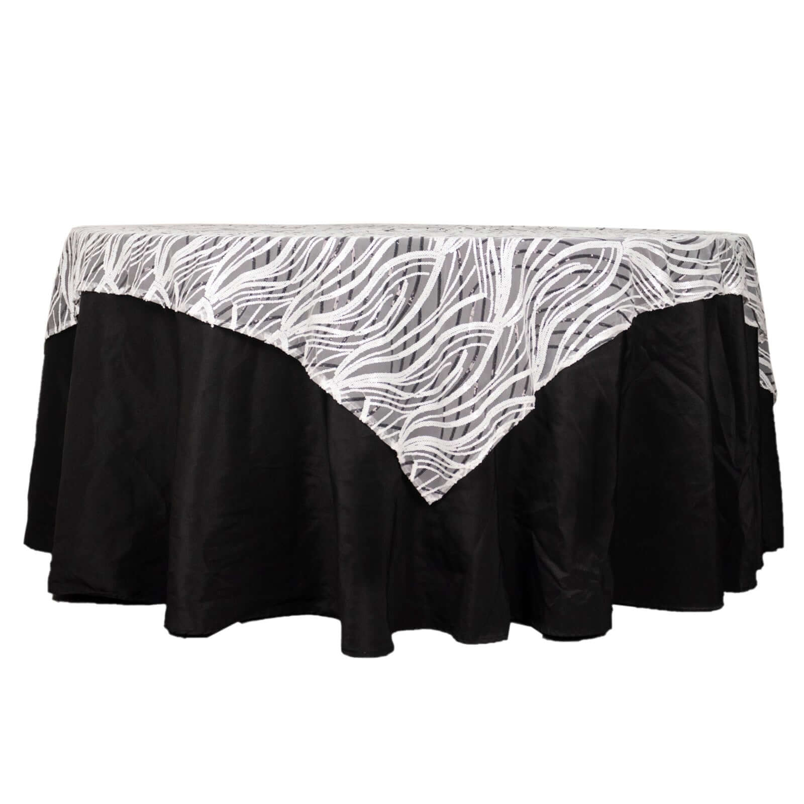 Mesh 72"x72" Table Overlay Square Tablecloth White Black - Wave Embroidered Sequins Table Topper