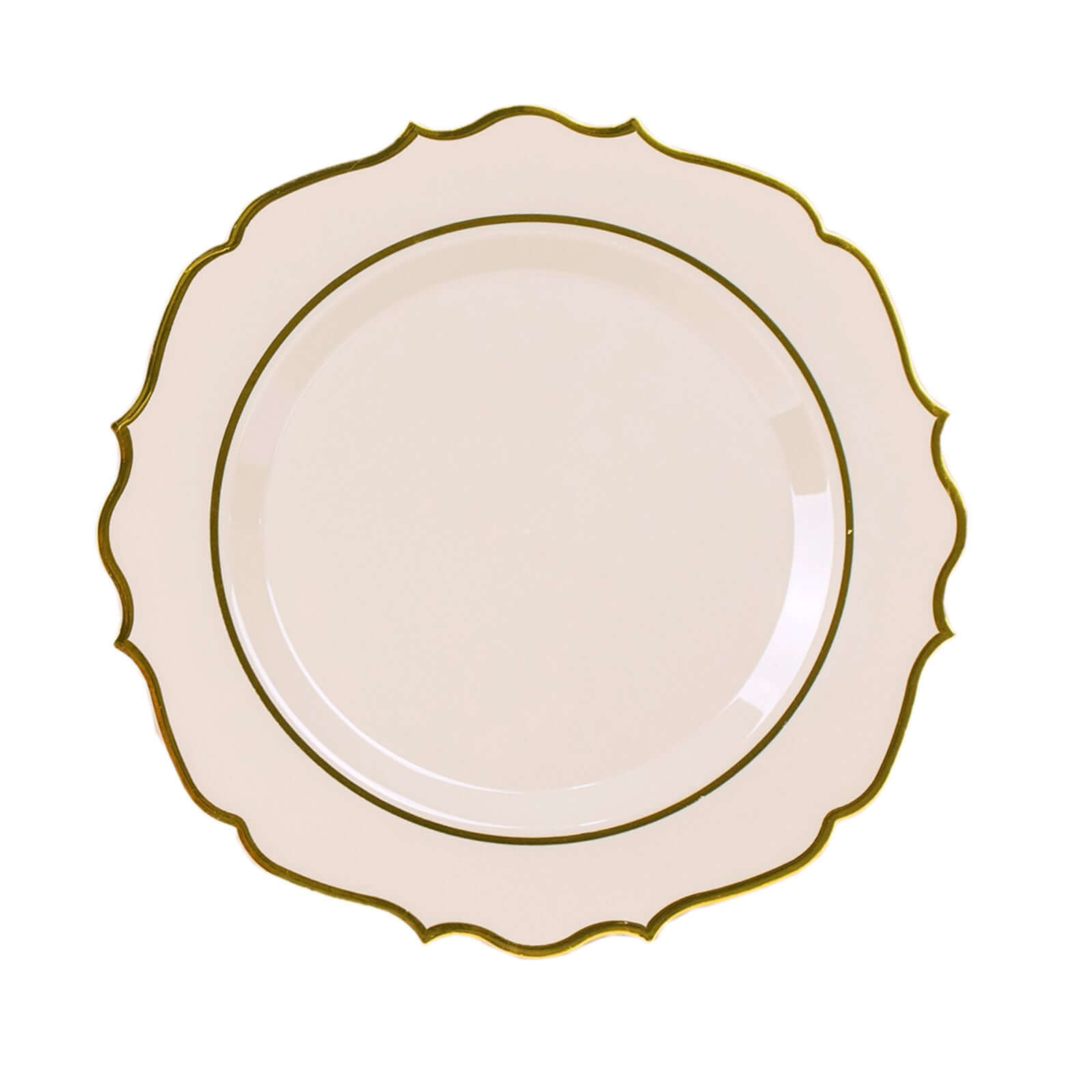 10-Pack Plastic 8" Round Desert Plates in Taupe with Gold Scalloped Rim - Disposable Appetizer/Salad Plates