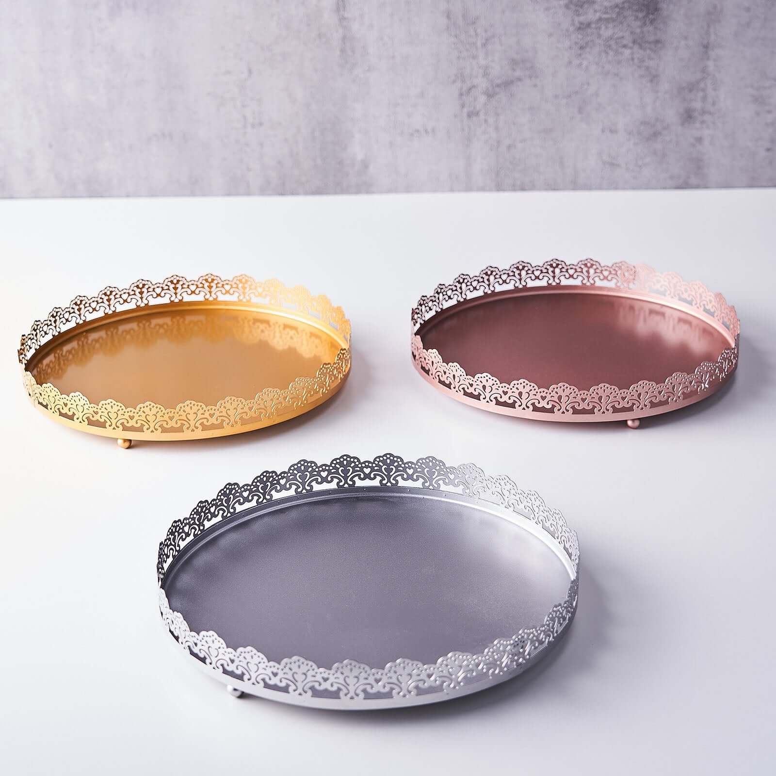 Metal Round Serving Tray 12" in Silver with Embellished Rims, Stylish Decorative Vanity Tray Centerpiece