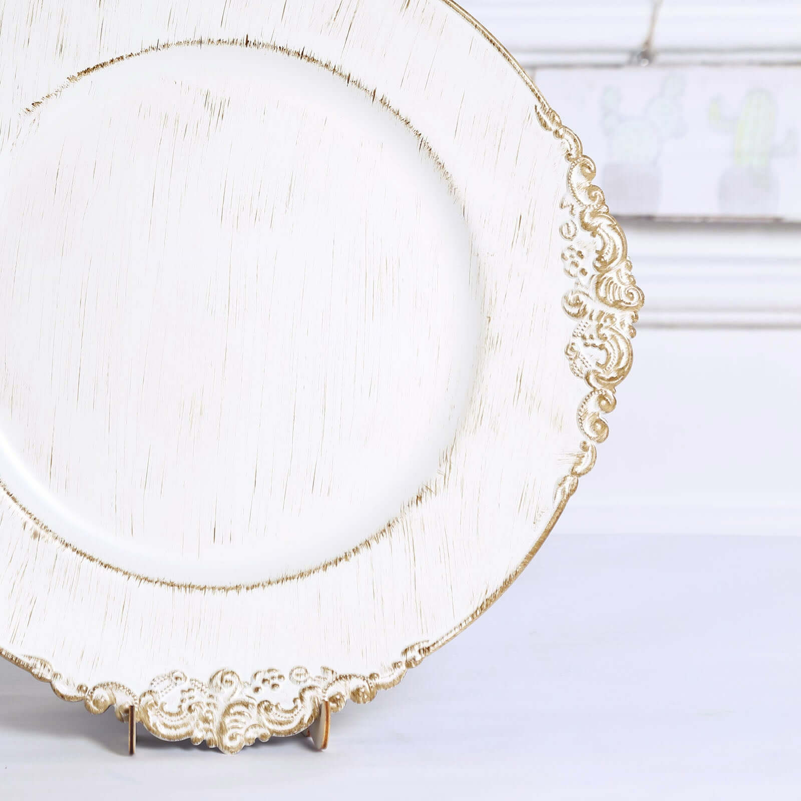 6-Pack Acrylic Round Charger Plates 13" in White Washed with Gold Embossed Baroque Rim, Antique Decorative Dinner Party Charger Tableware