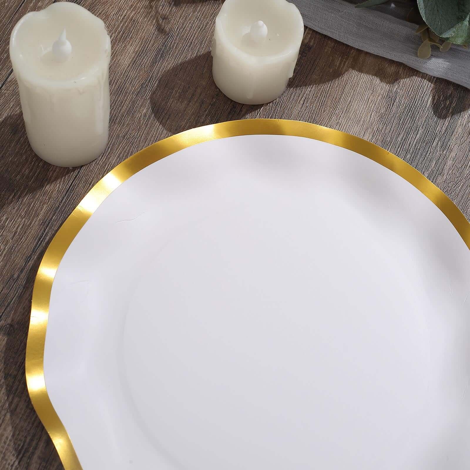 25-Pack Paper Round Dinner Plates 10" Matte White with Gold Wavy Rim - Disposable 350GSM Party Plates for Banquets & Upscale Gatherings