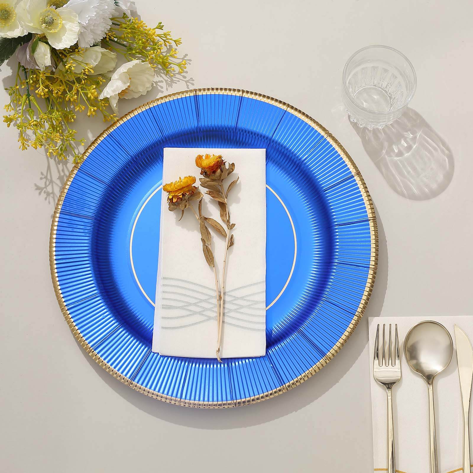 25-Pack Disposable Round Charger Plates in Royal Blue Sunray Design with Gold Rim - 350GSM Heavy Duty Paper Chargers 13"