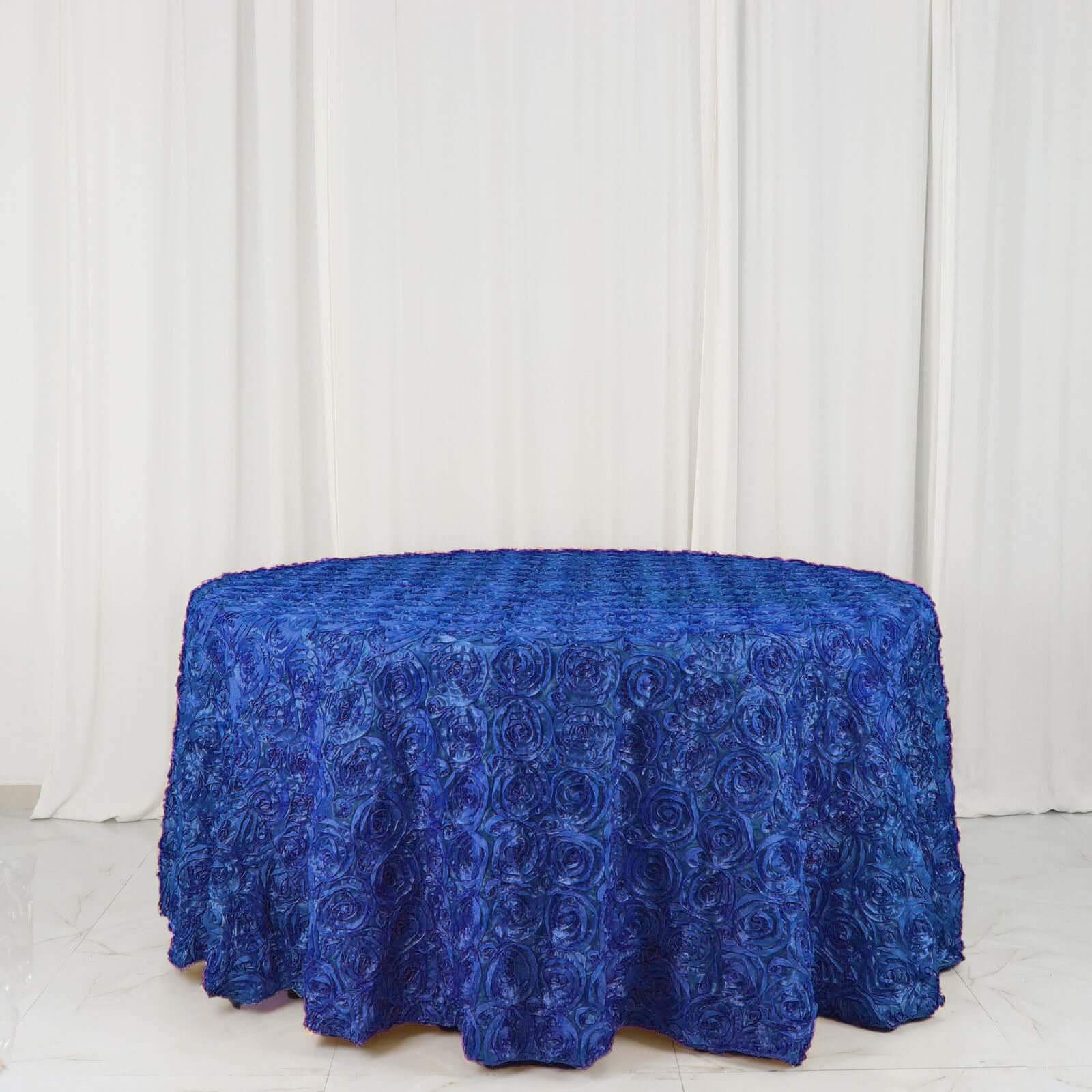 Satin 120" Round Tablecloth Royal Blue - Grandiose 3D Rosette with Seamless Finish Table Cover