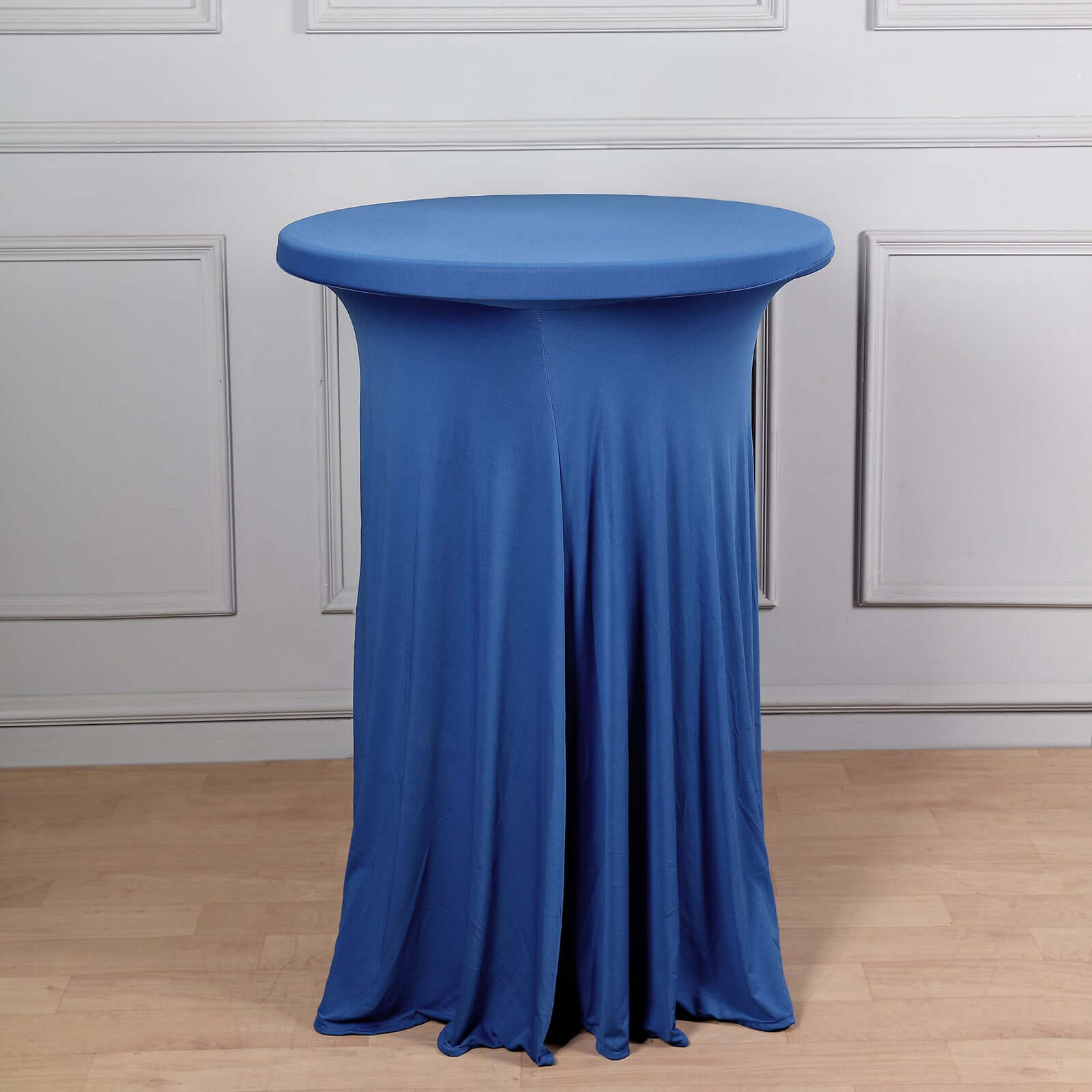 Spandex 32" Round Cocktail Table Cover Skirt Royal Blue With Natural Wavy Drapes