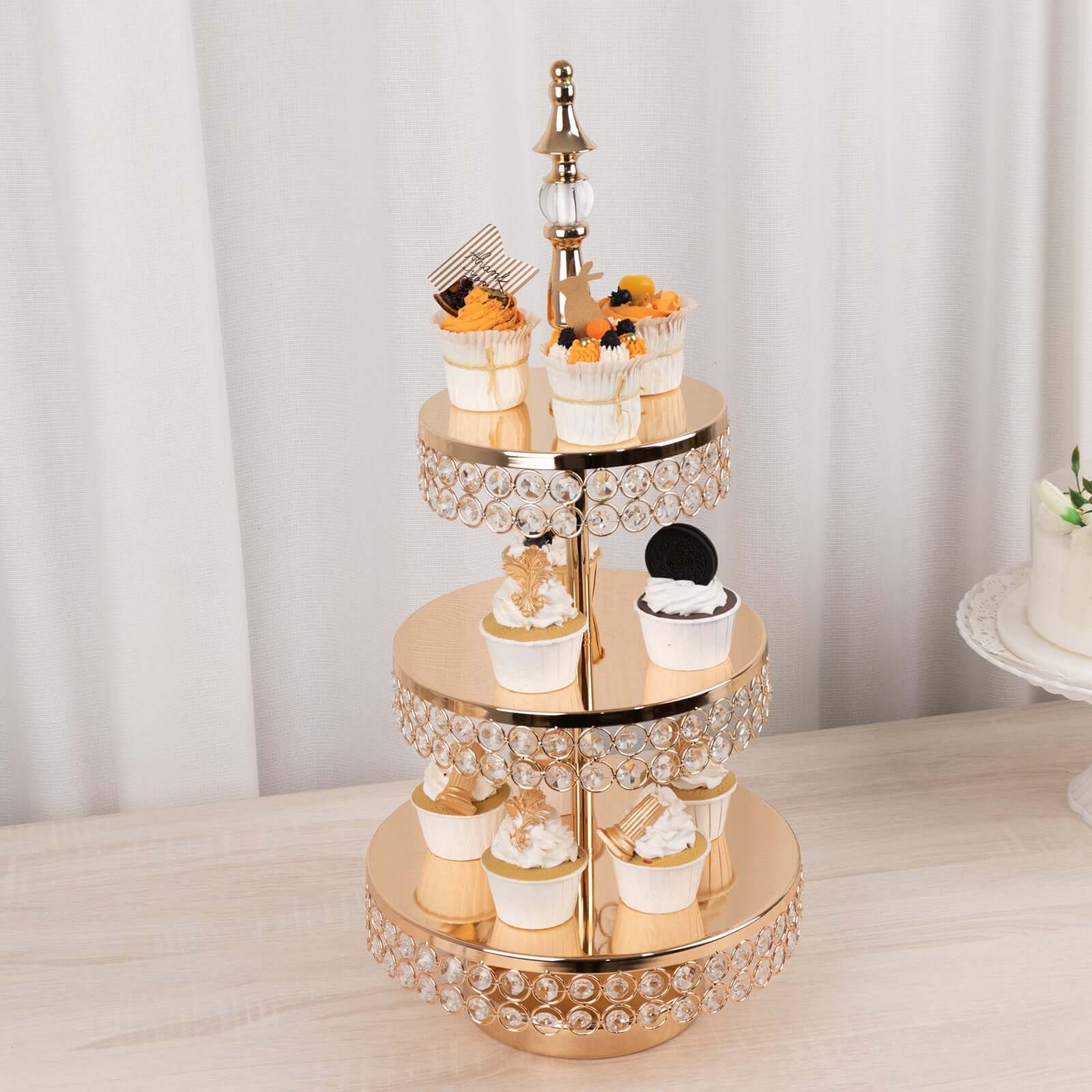 3-Tier Cake Stand Crystal Beaded Gold with Round Mirror Top - Metal Cupcake Tower Dessert Display 26"