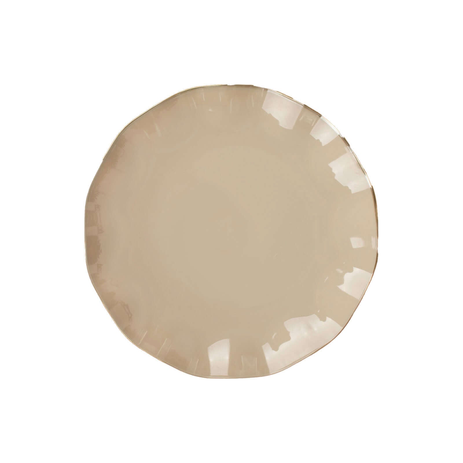 10-Pack Plastic Round 6" Dessert Plates in Taupe Ruffled Rim with Gold Edging - Sturdy Disposable Salad Appetizer Dinnerware