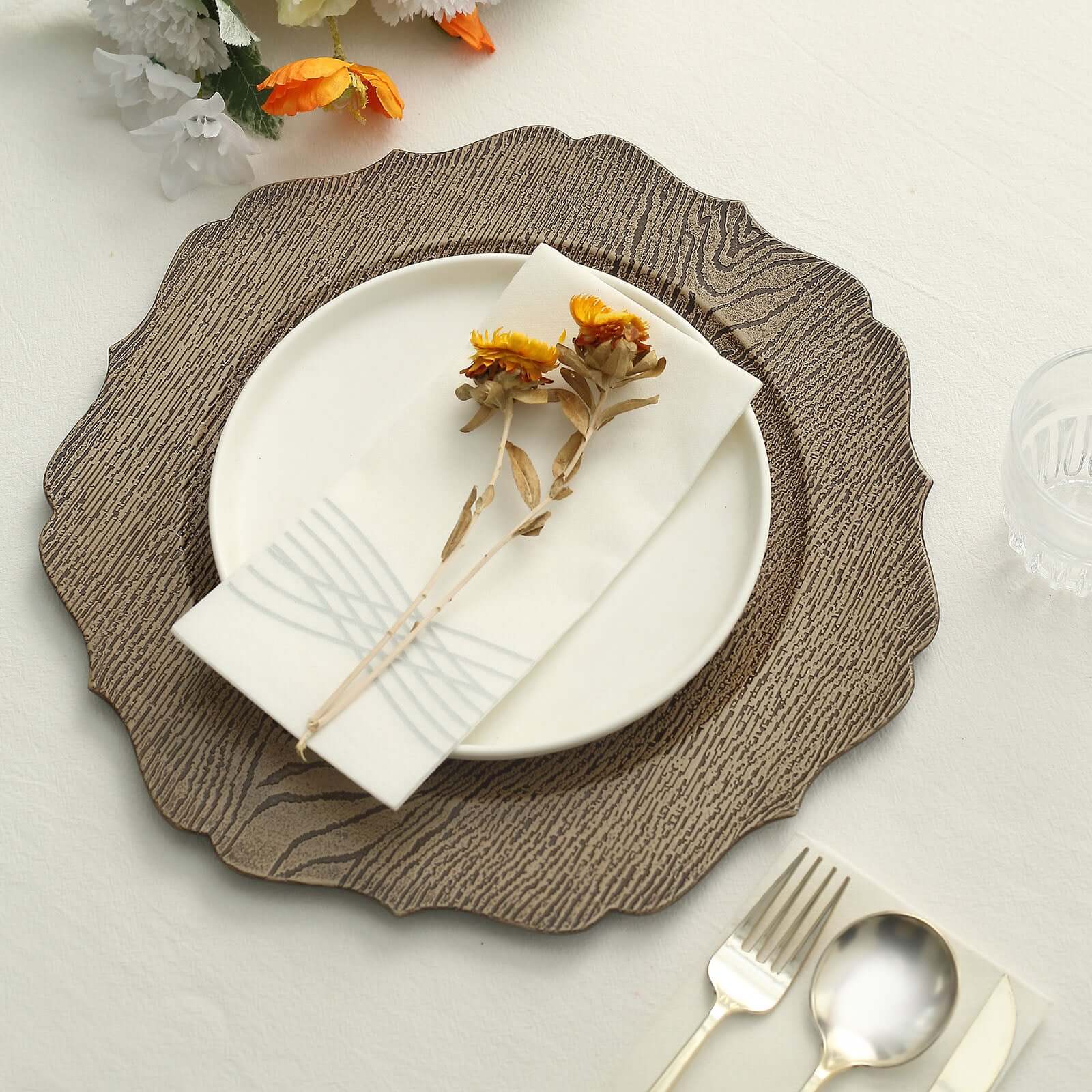 6-Pack Acrylic Round Charger Plates 13" in Rustic Natural with Wood Grain Scalloped Rim, Decorative Dinner Party Charger Tableware