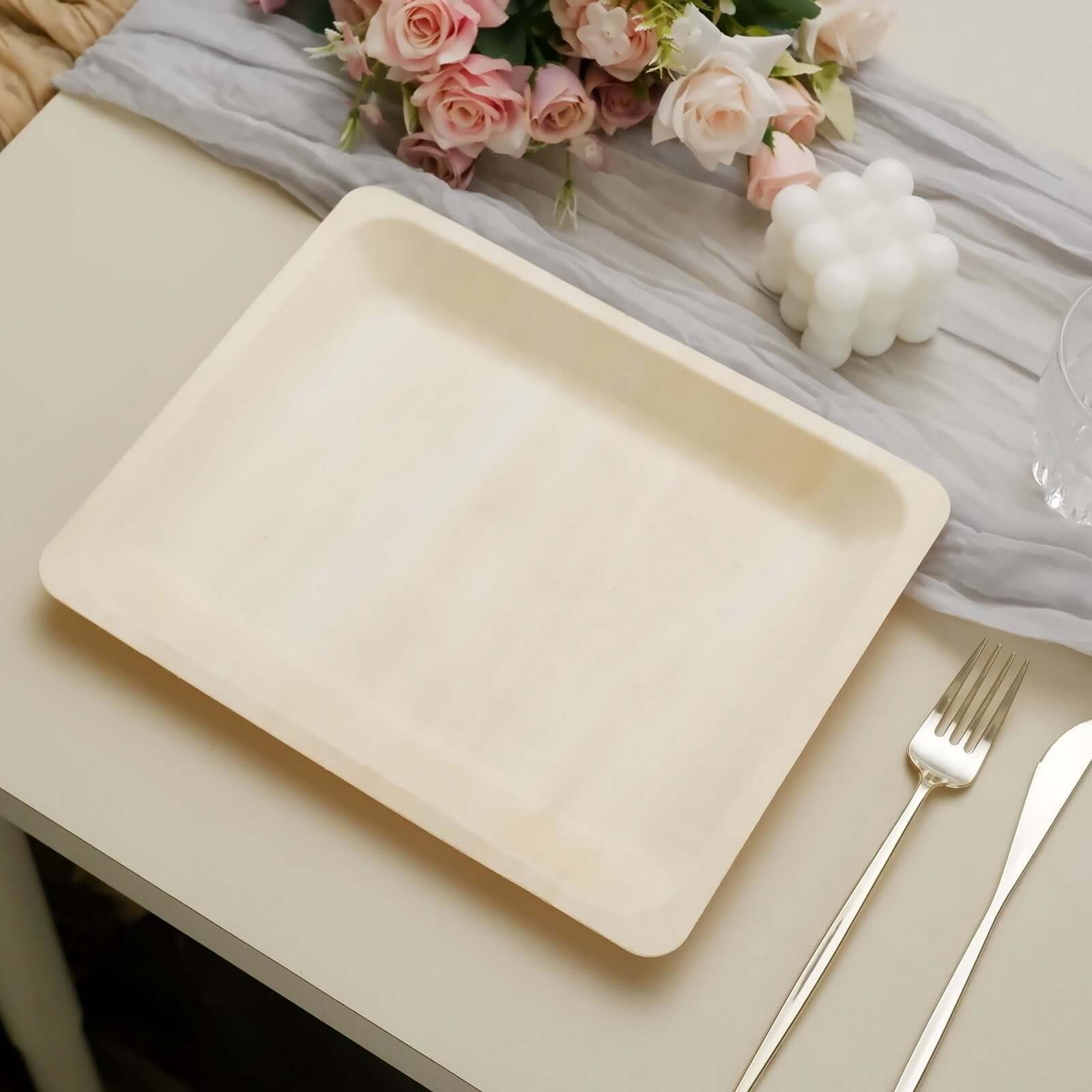 12-Pack Birchwood 8"x10" Rectangle Dinner Plates - Natural Eco Friendly Wooden Disposable Plates for Farmhouse-Style Events, Parties & Gatherings