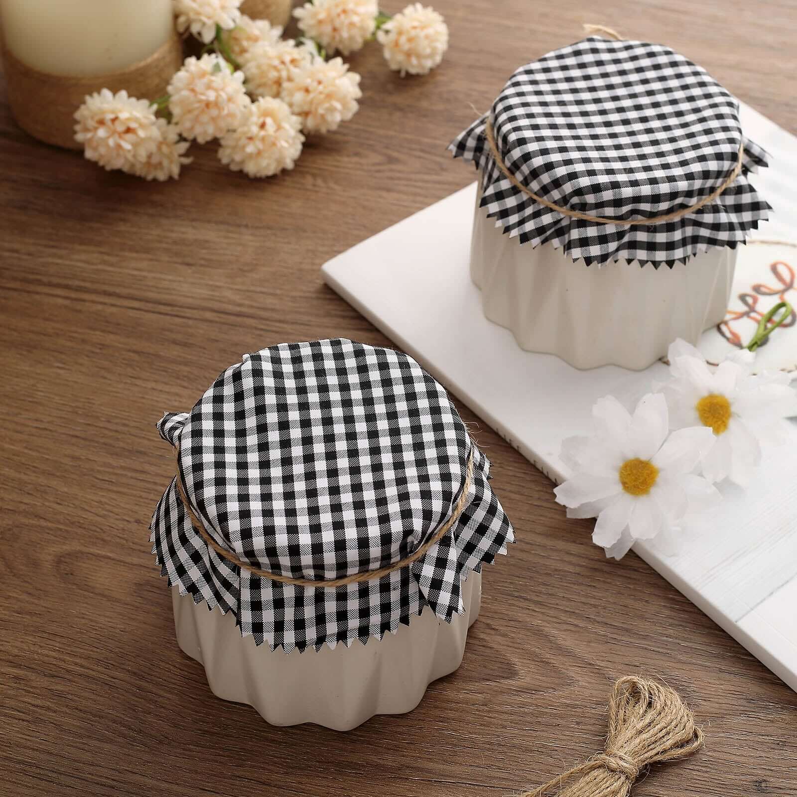 6 Pack 6" Black White Gingham Mason Jar Cloth Lid Covers, Checkered Jam Jar Covers with Jute String
