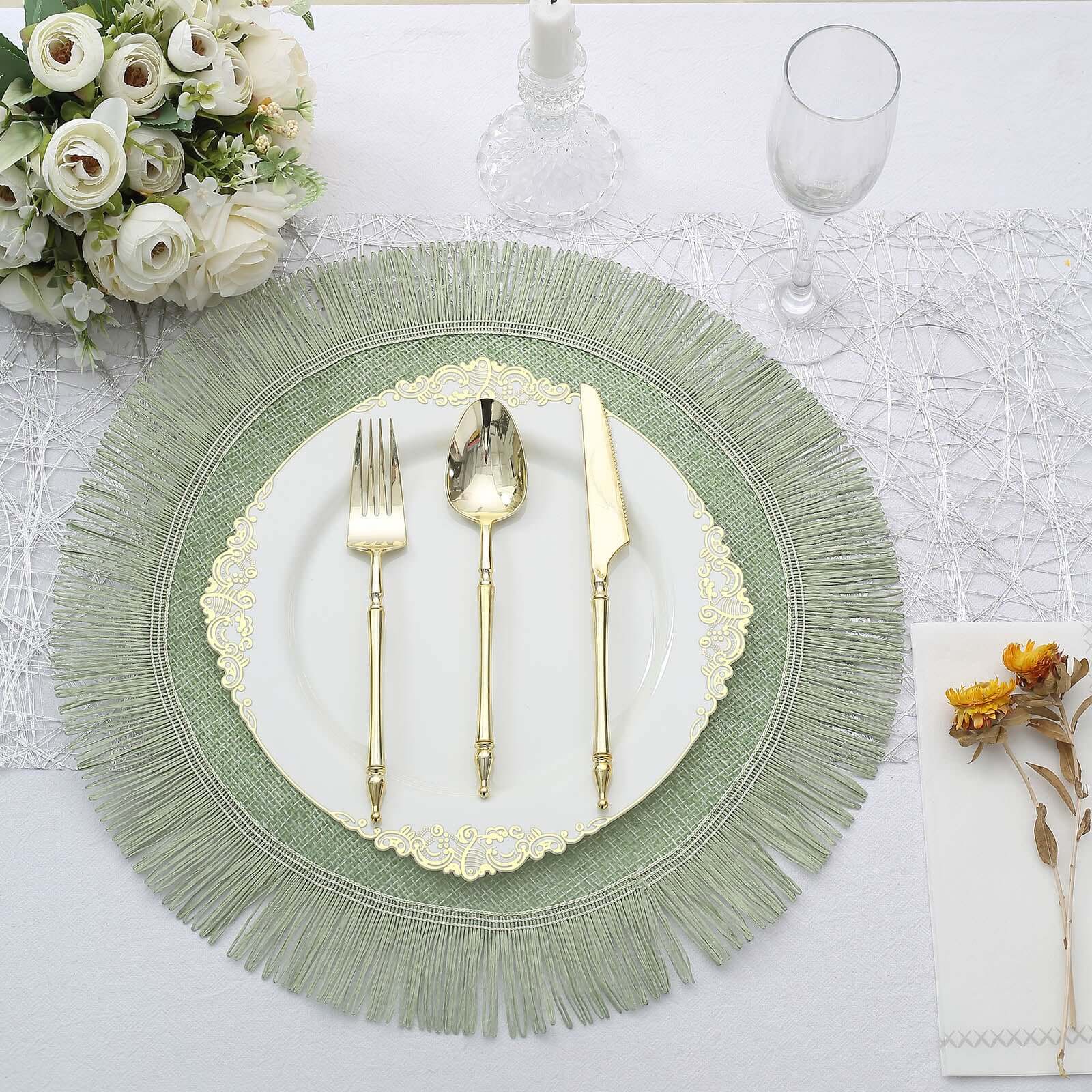 4-Pack Placemats Fringe Edge Design Sage Green Jute Round - Rustic Boho Chic Burlap Table Decor 16"