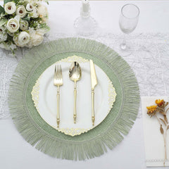 4-Pack Placemats Fringe Edge Design Sage Green Jute Round - Rustic Boho Chic Burlap Table Decor 16"