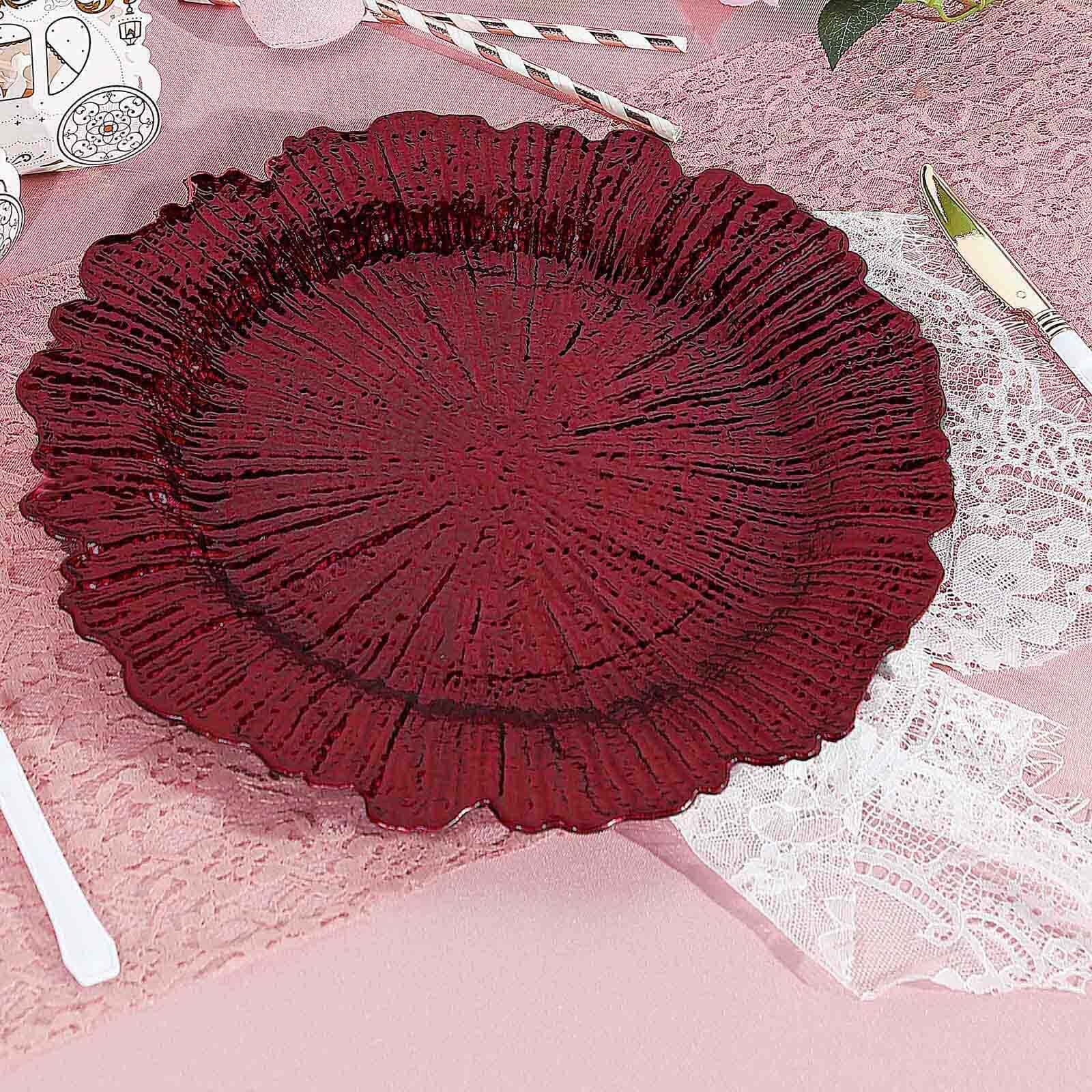 6-Pack Acrylic Plastic Round Charger Plates 13" in Burgundy with Reef Design, Dinner Charger Tableware