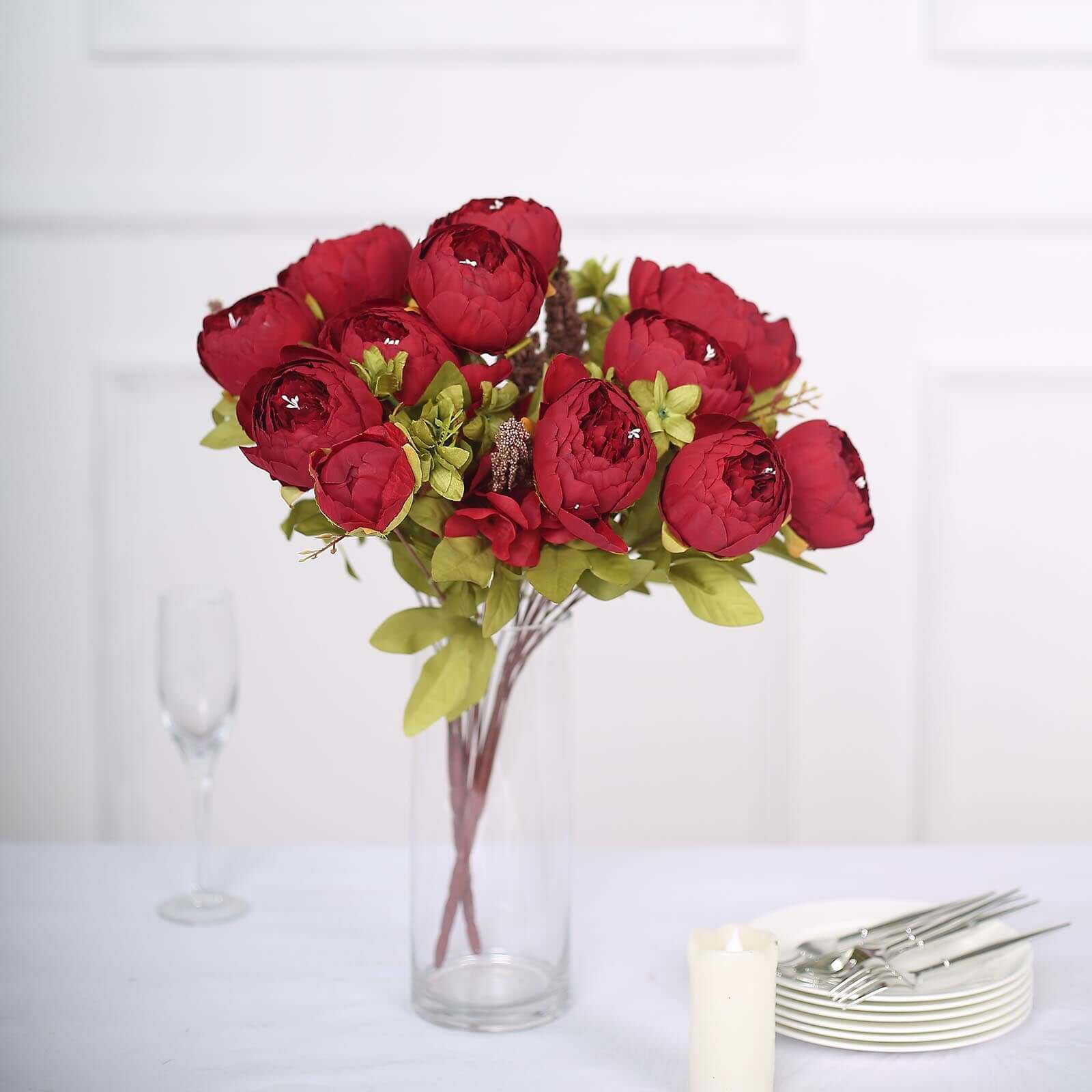 2 Pack 19" Burgundy Artificial Peony Flower Wedding Bouquets, Faux Silk Flower Arrangements