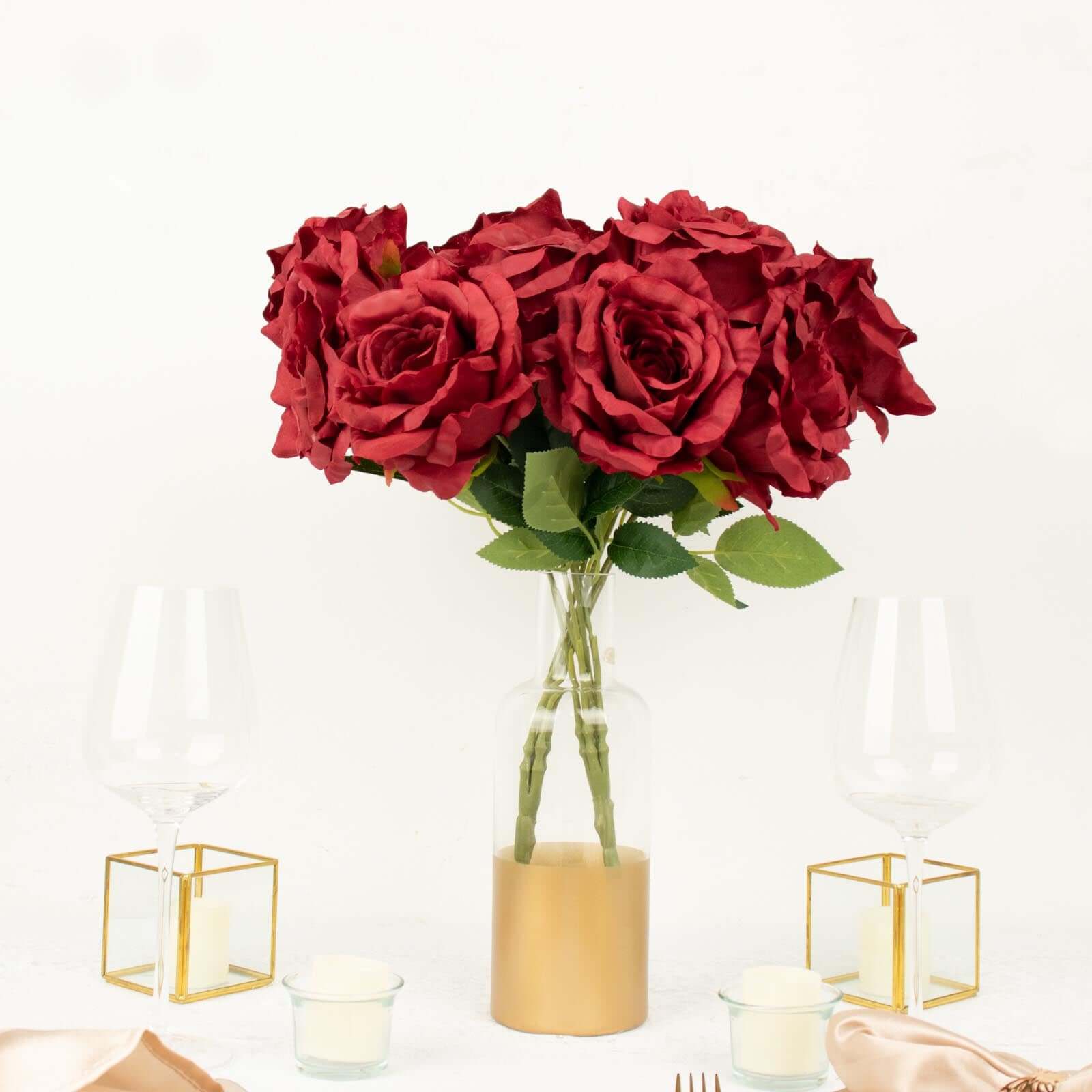 2 Bushes 17" Burgundy Premium Silk Jumbo Rose Flower Bouquet, High Quality Artificial Wedding Floral Arrangements