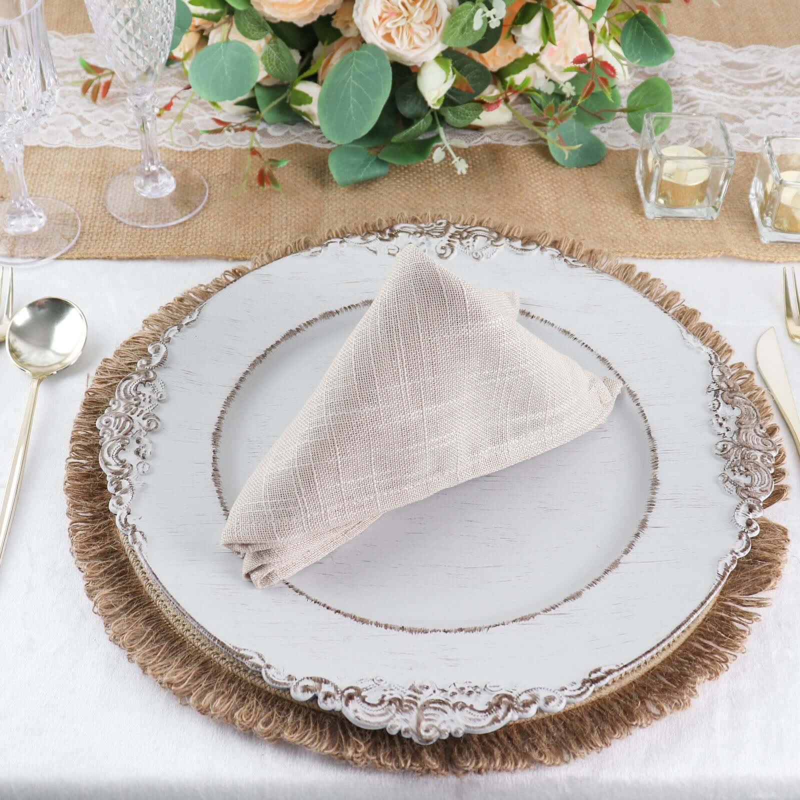 4-Pack Placemats Fringed Edge Design Natural Rustic Burlap Jute Round - Farmhouse Style Table Mats with Trim 15"