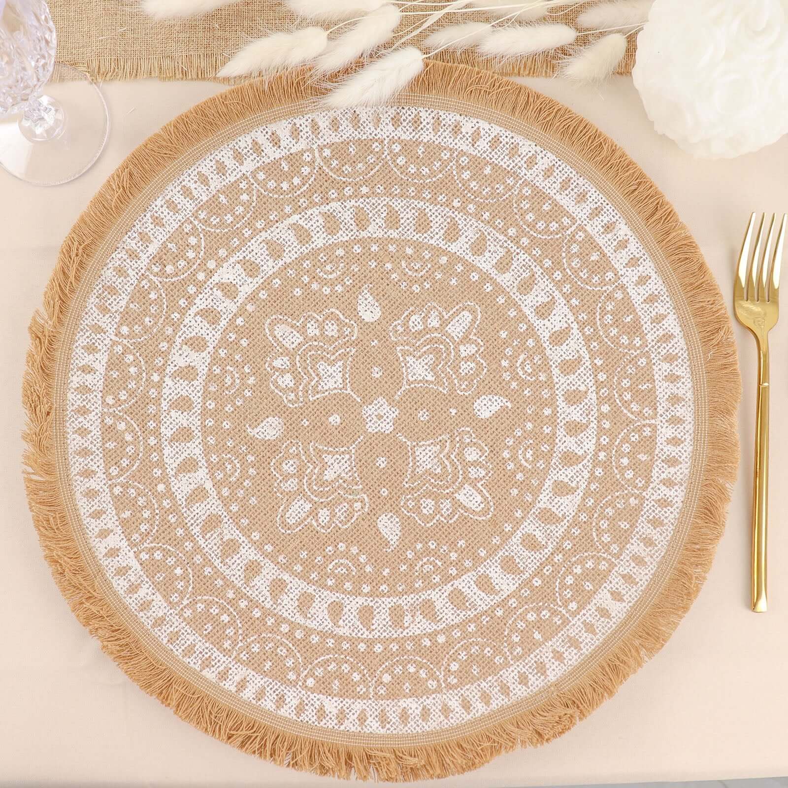 4-Pack Placemats Fringe Print Design Natural Jute and White Round - Rustic Burlap Woven Style 15"