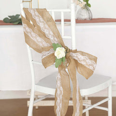 Natural Burlap Chair Sash 5"x108" with Lace Hessian Jute - Rustic Bow Design for Weddings & Gatherings
