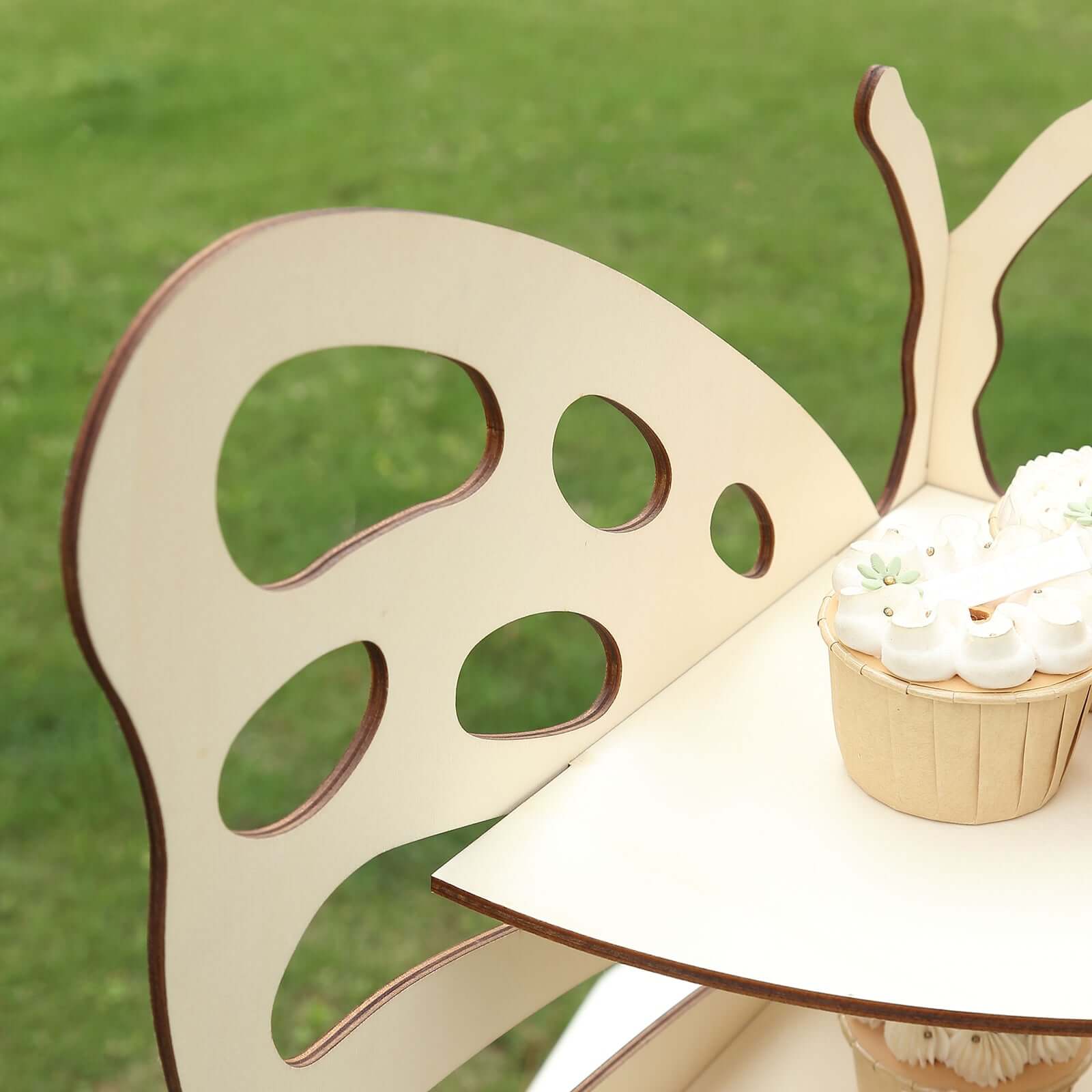 3-Tier Wooden Cupcake Stand Butterfly Design Natural - Rustic Dessert Display Shelf Rack 24"