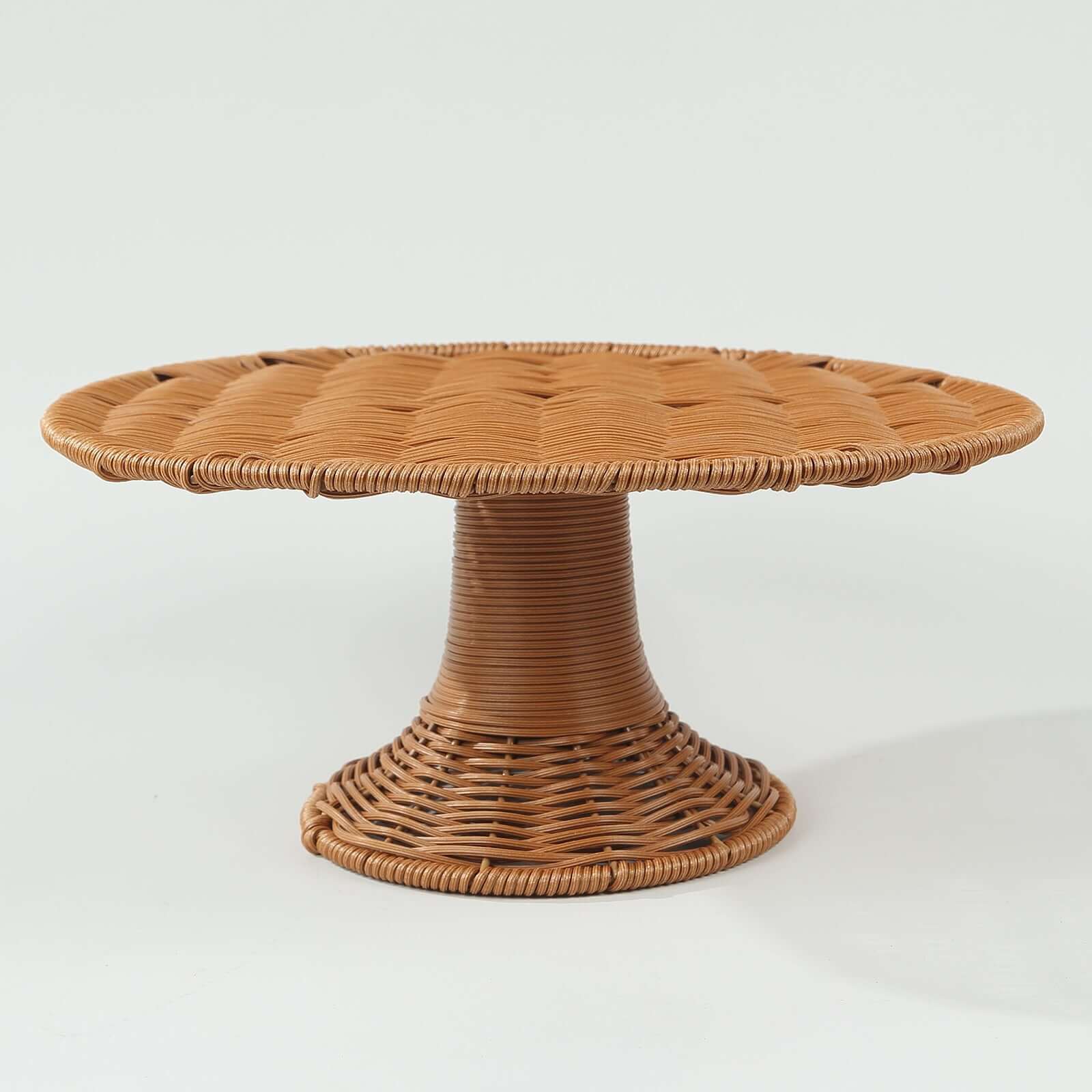 Plastic Round Rattan Wicker Pedestal Cake Stand Natural - Reusable Rustic Cupcake Holder Dessert Table Display Centerpiece for Home Parties & Events 12"