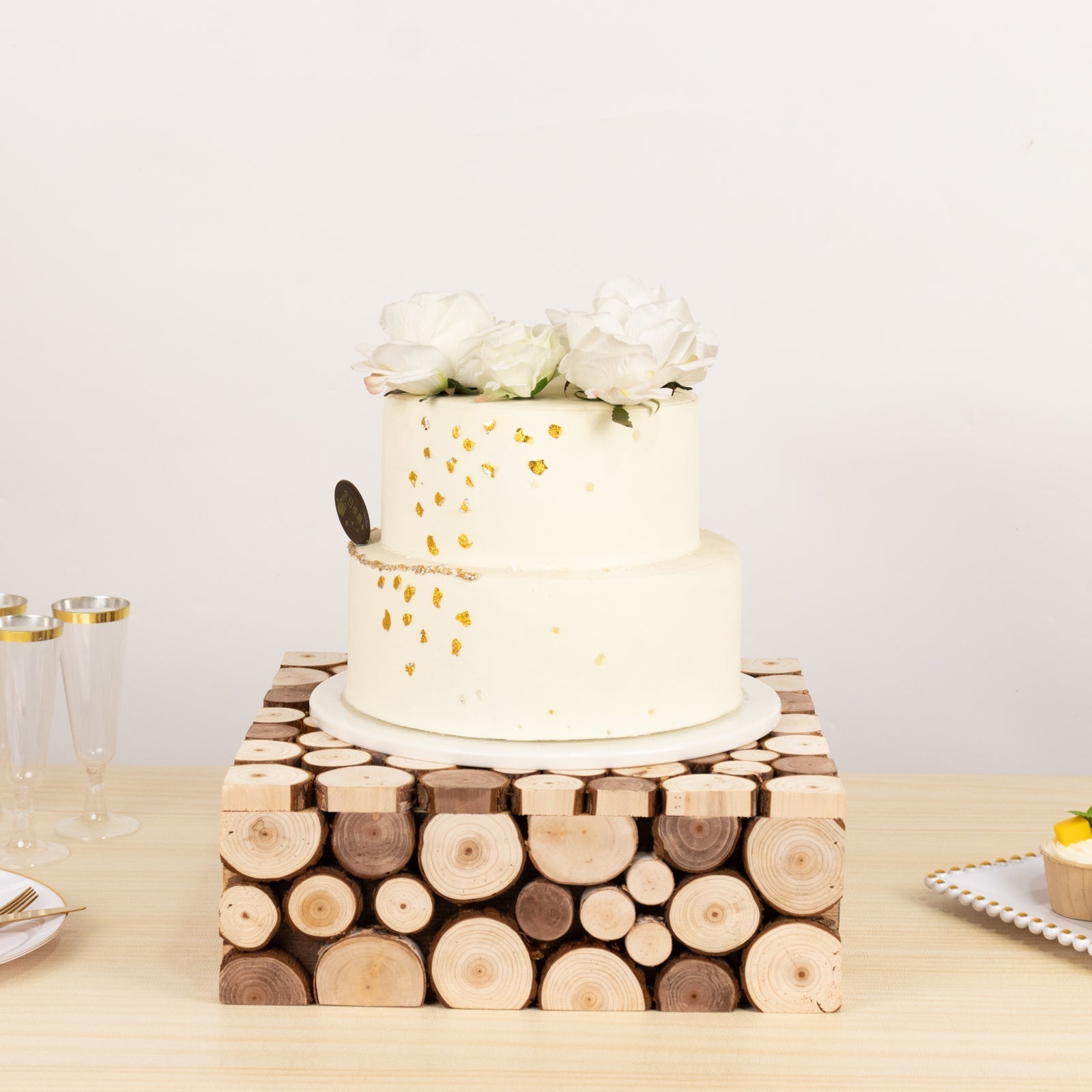 Wooden Cake Stand 14"x14" Square Design Rustic Natural Slices - Farmhouse Display Box Pedestal Riser