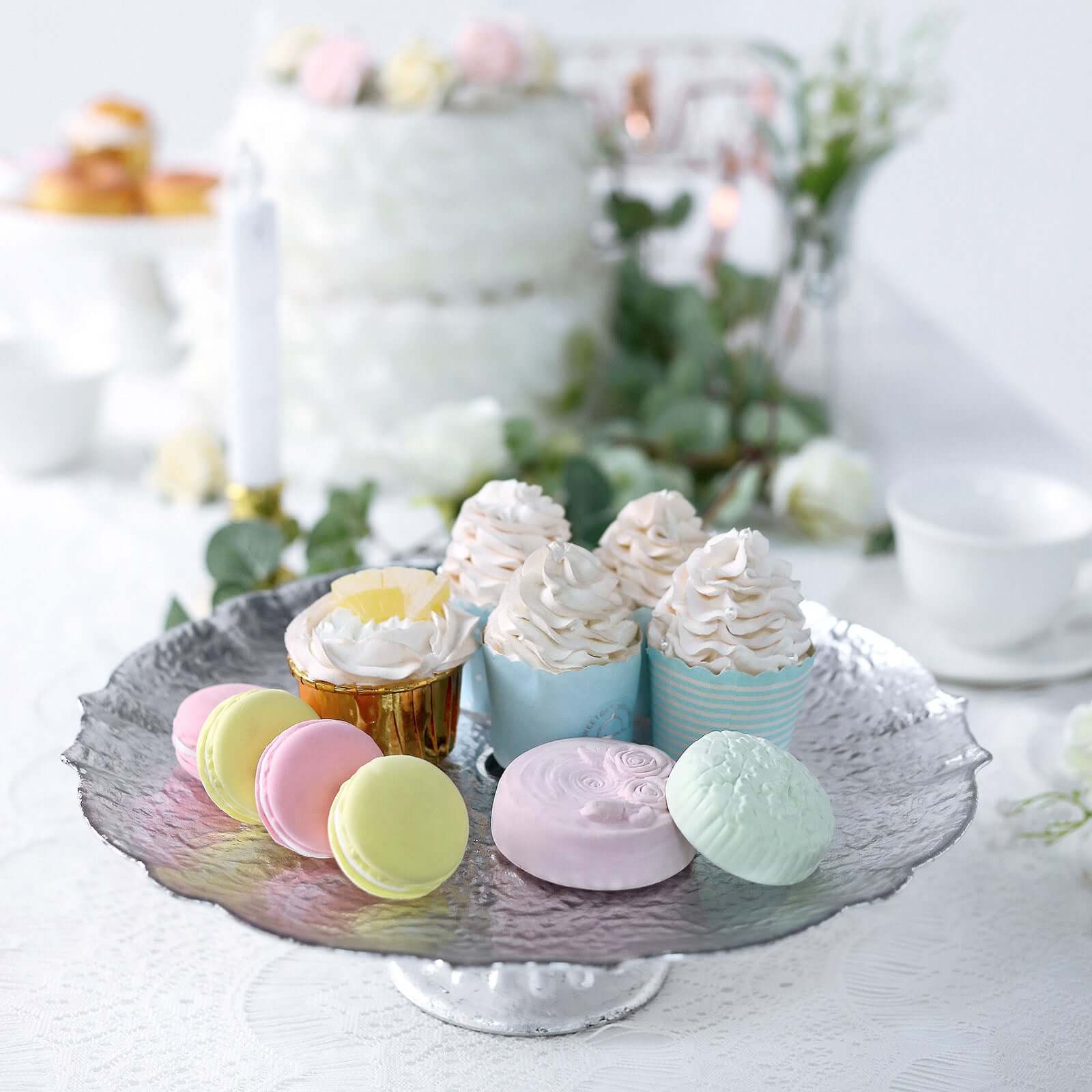 Glass Pedestal Cake Stand Scalloped Edge Design Silver - Cupcake Holder and Dessert Display Plate 14"
