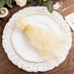 5 Pack Crinkled Organza 21"x21" Napkins Champagne - Rustic Style Dinner & Party Napkins