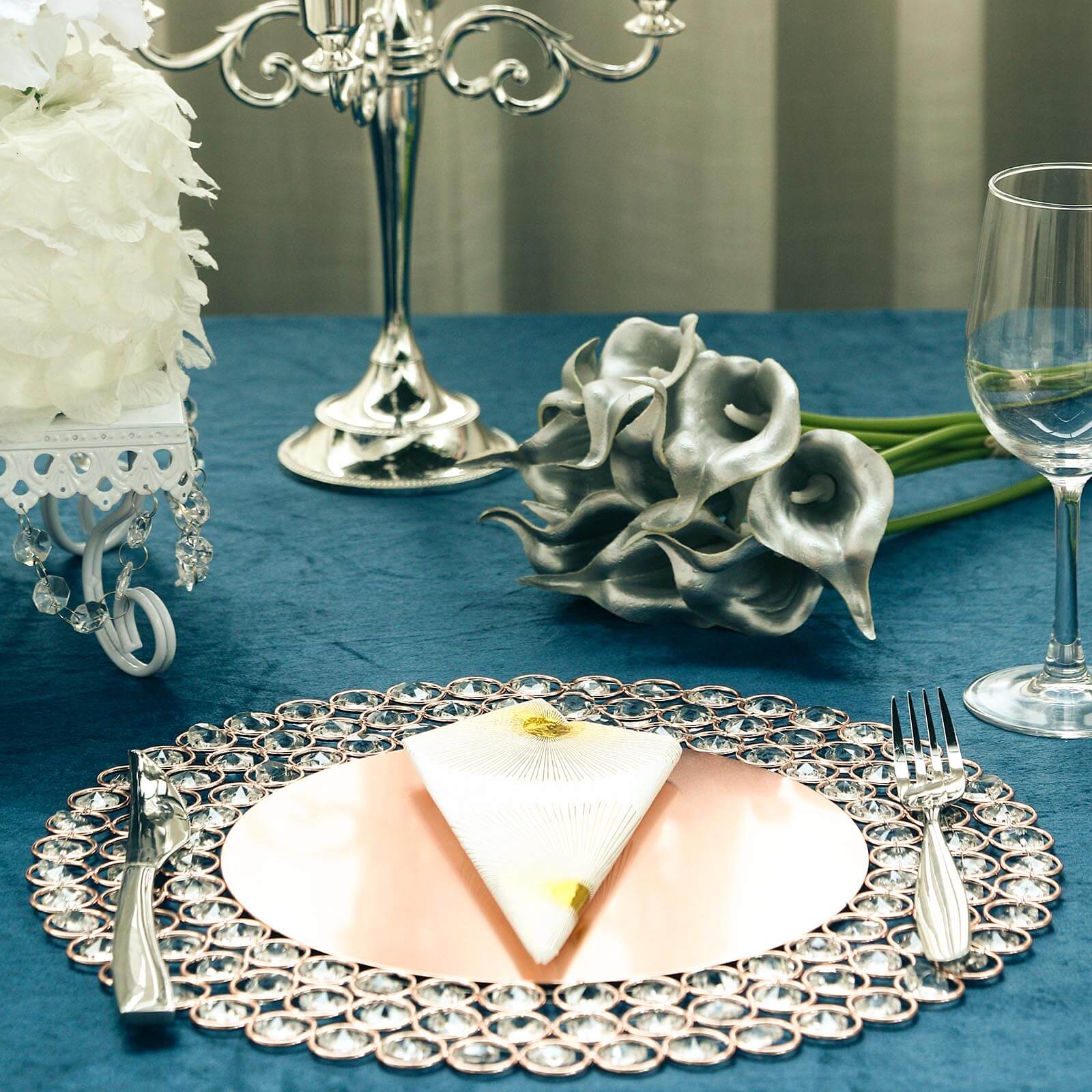 Wired Metal Round Charger Plate 14" in Rose Gold with Acrylic Crystal Beads, Glamorous Decorative Dinner Charger Tableware