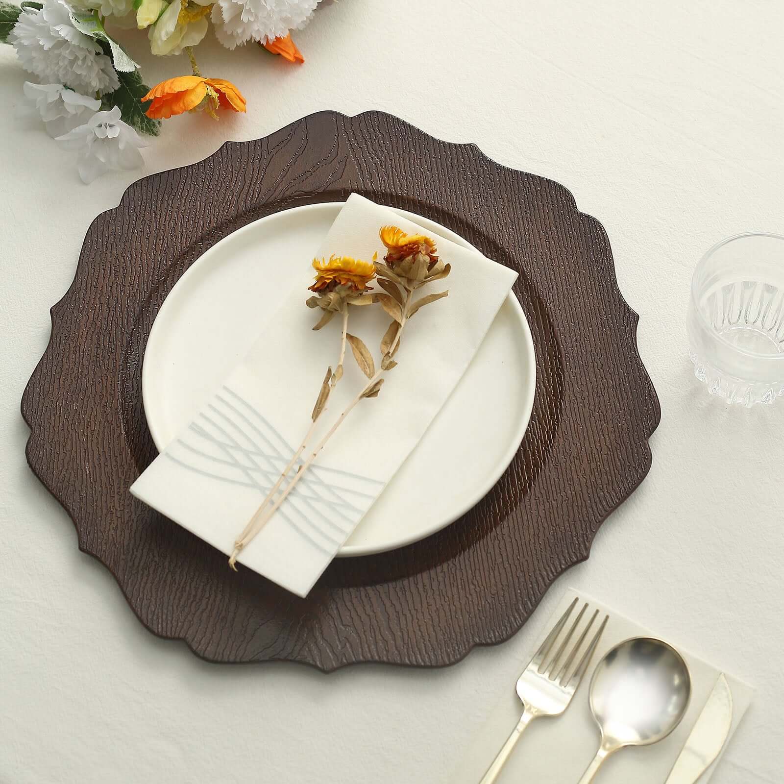 6-Pack Acrylic Round Charger Plates 13" in Rustic Brown with Wood Grain Scalloped Rim, Decorative Dinner Party Charger Tableware