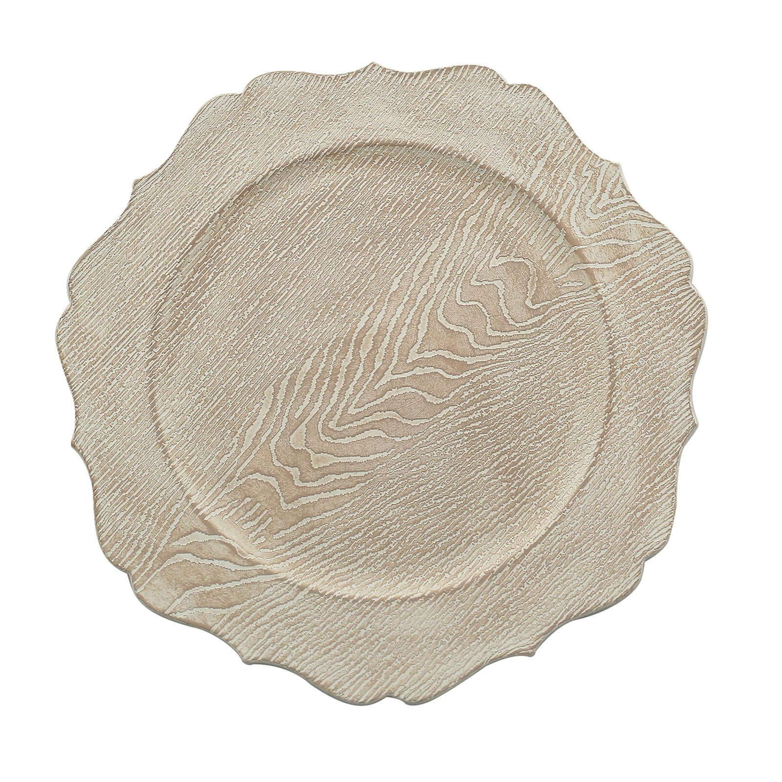 6-Pack Acrylic Round Charger Plates 13" in Rustic White with Wood Grain Scalloped Rim, Decorative Dinner Party Charger Tableware