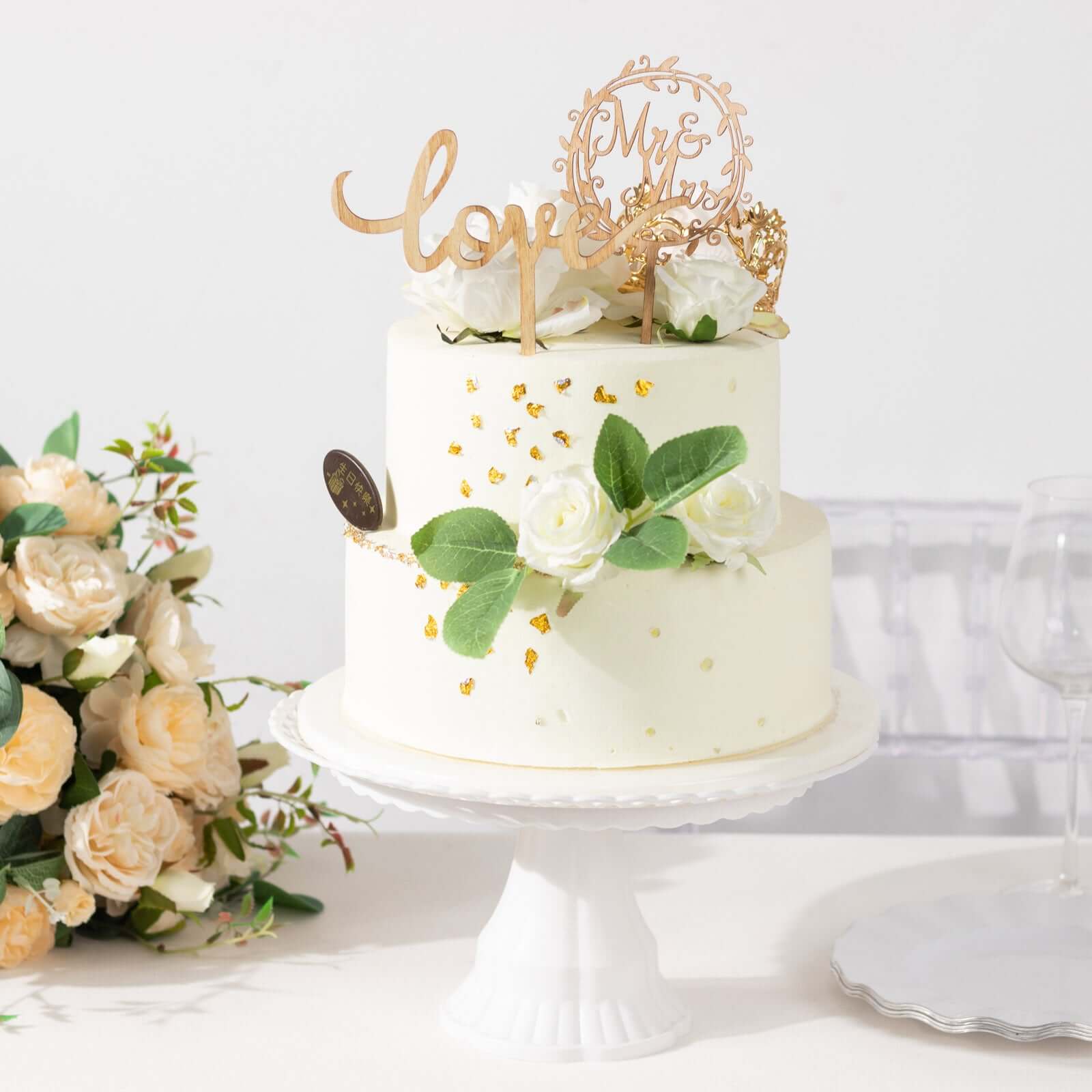 Set of 2 Wooden Cake Toppers Mr & Mrs and Love Design Natural - Rustic Wedding Cupcake Decorations