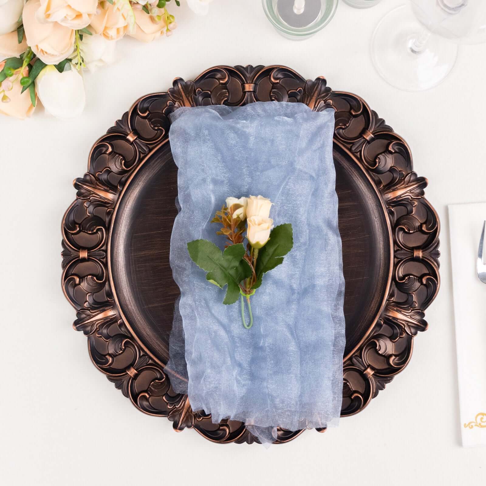 5 Pack Crinkled Organza 21"x21" Napkins Dusty Blue - Rustic Style Dinner & Party Napkins