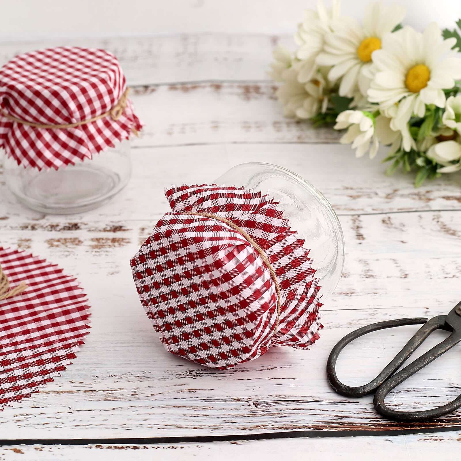 6 Pack 6" Red White Gingham Mason Jar Cloth Lid Covers, Checkered Jam Jar Covers with Jute String