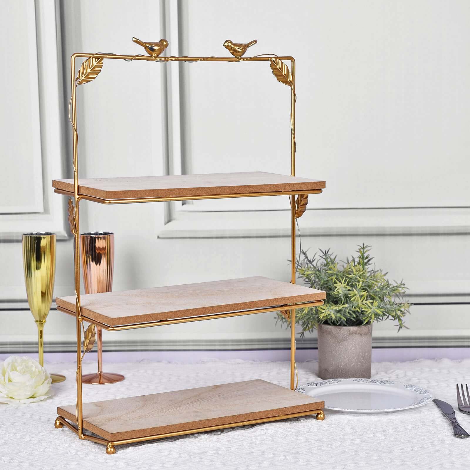3-Tier Wooden Cheese Board Stand Rectangular Gold/Wood Slice Design - Rustic Cupcake Tower Centerpiece with Assembly Tools 19"