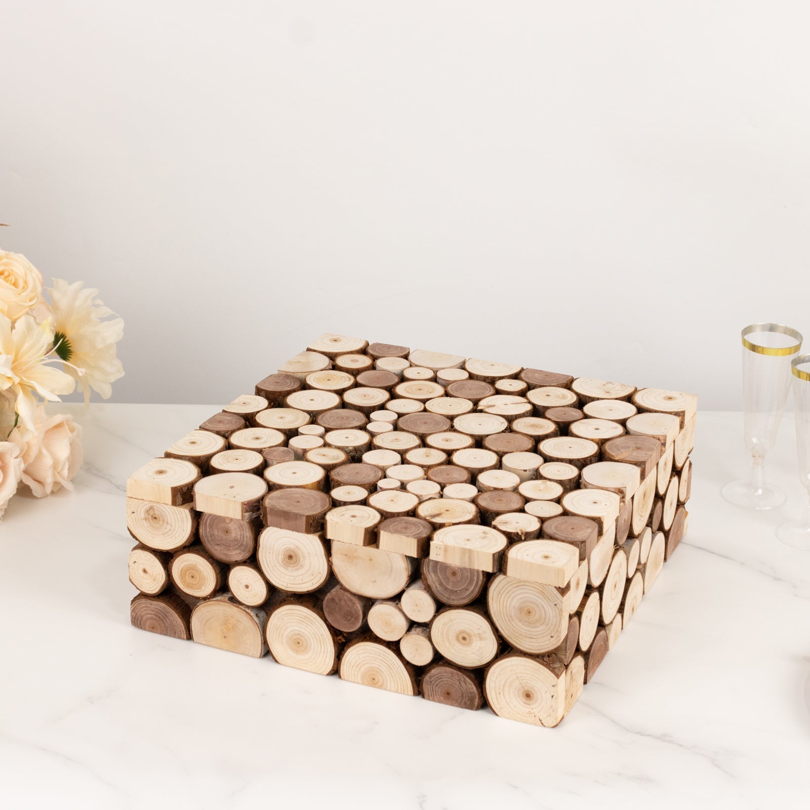 Wooden Cake Stand 14"x14" Square Design Rustic Natural Slices - Farmhouse Display Box Pedestal Riser