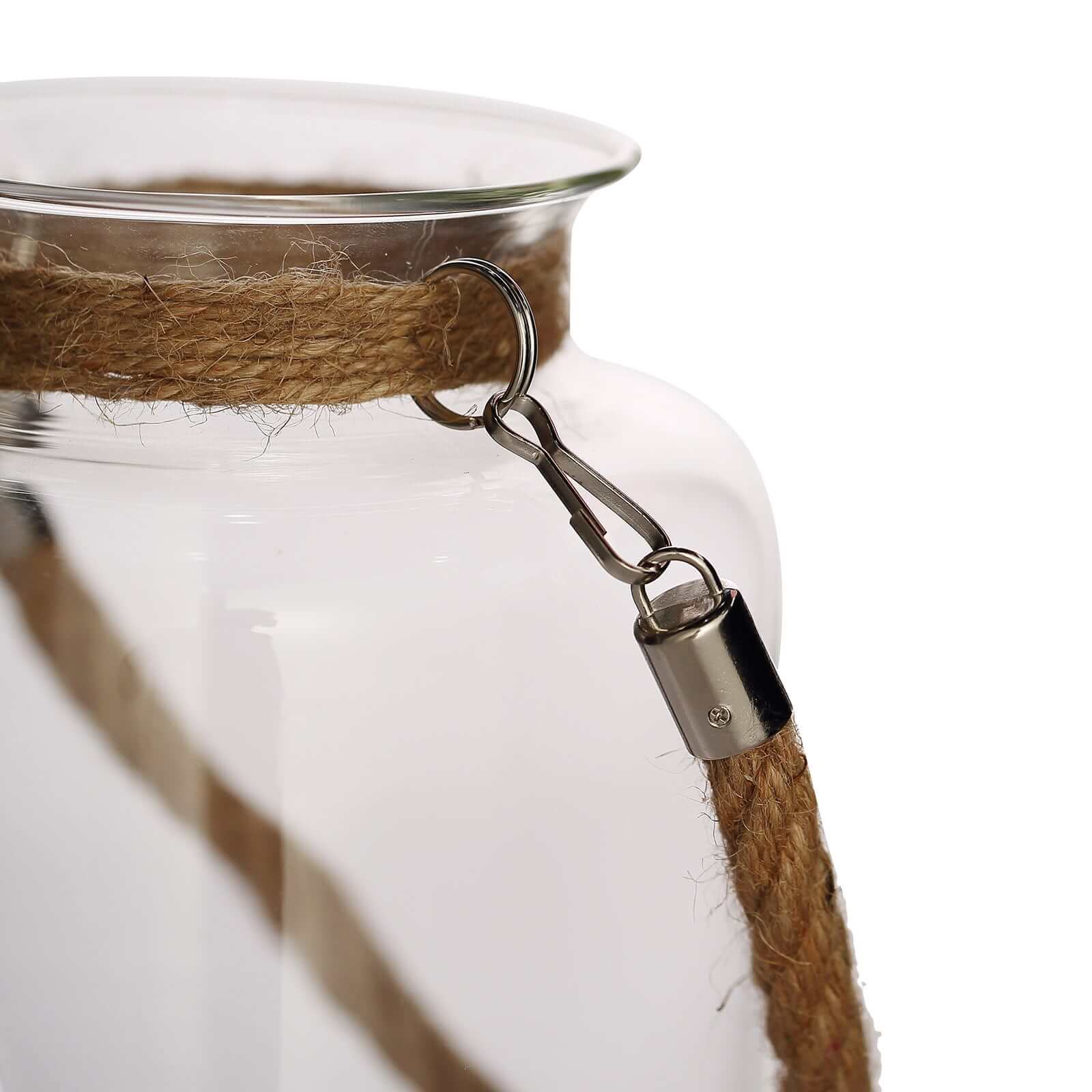 2-Pack Glass Vase Jars Clear with Twine Rope Handle - Rustic Hanging Terrariums for Events 16"