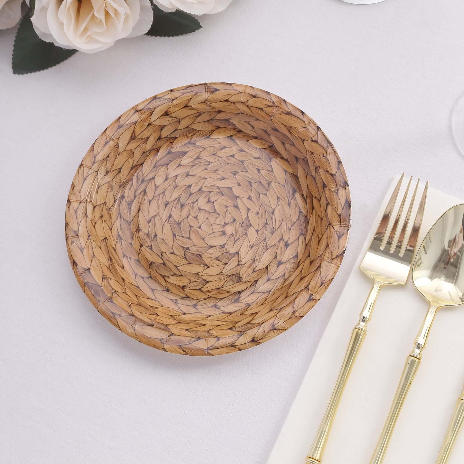 25-Pack Paper 7" Round Dessert Plates in Natural with Woven Rattan Print - Rustic Farmhouse Disposable 300GSM Appetizer Salad Plates for Indoor & Outdoor Gatherings