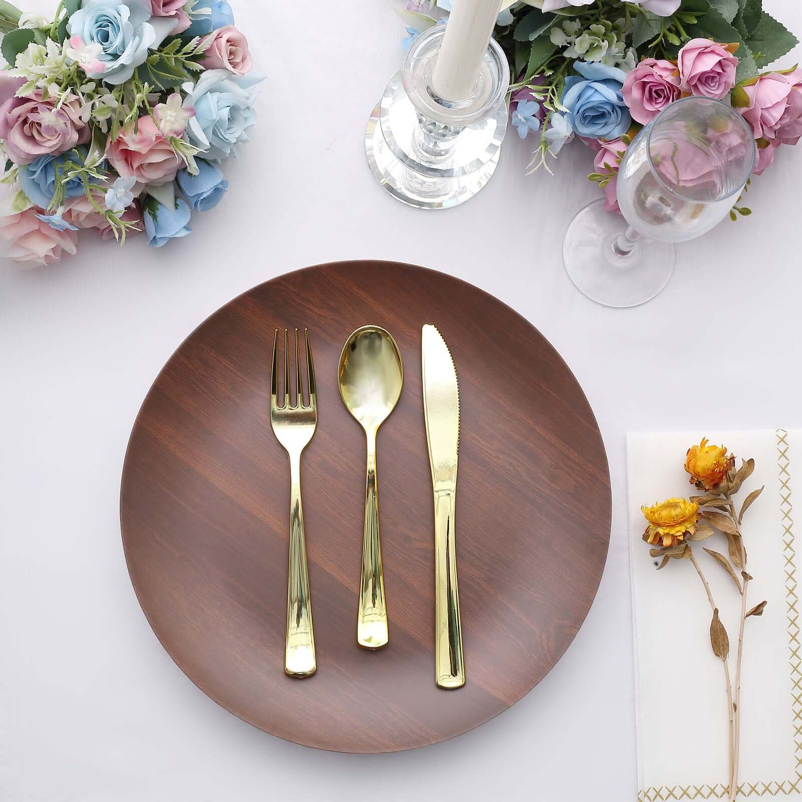 Pack of 6 Melamine 10" Round Dinner Plates in Brown Wood Grain Print - Disposable Shatterproof Party Plates for Rustic Farmhouse-Inspired Table Decor