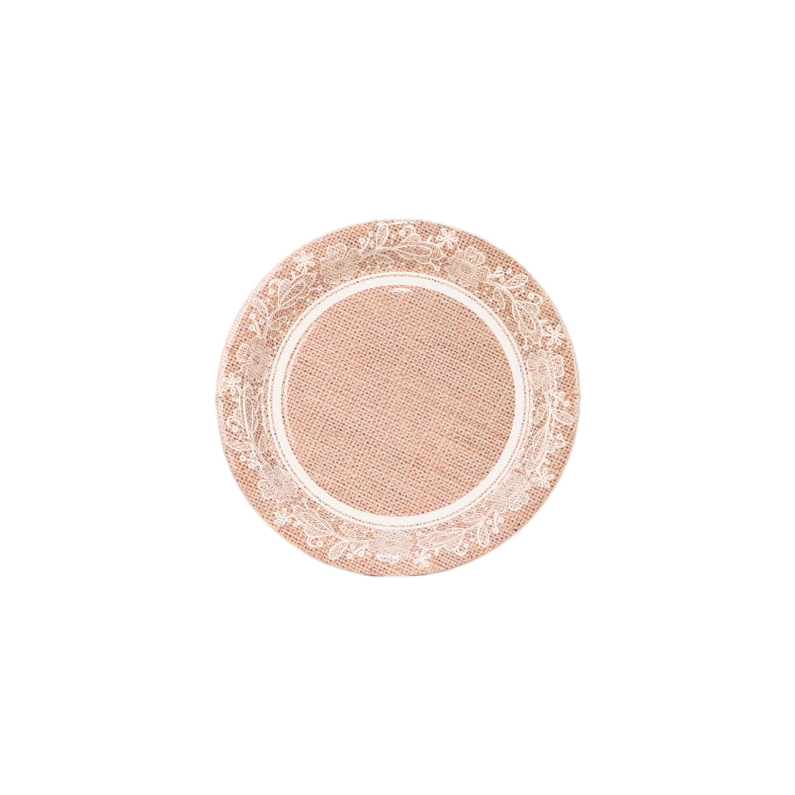 25-Pack Paper 7" Round Dessert Plates in Natural Burlap Print with Floral Lace Rim - Disposable Rustic Appetizer Salad Plates for Farmhouse Weddings & Celebrations