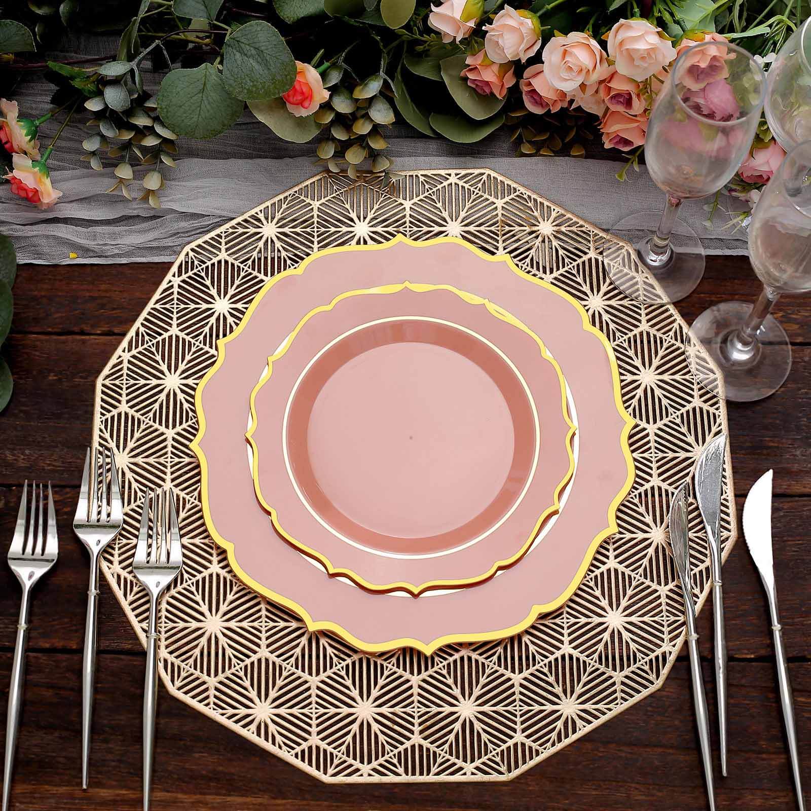 10-Pack Plastic 8" Round Desert Plates in Dusty Rose with Gold Scalloped Rim - Disposable Appetizer/Salad Plates