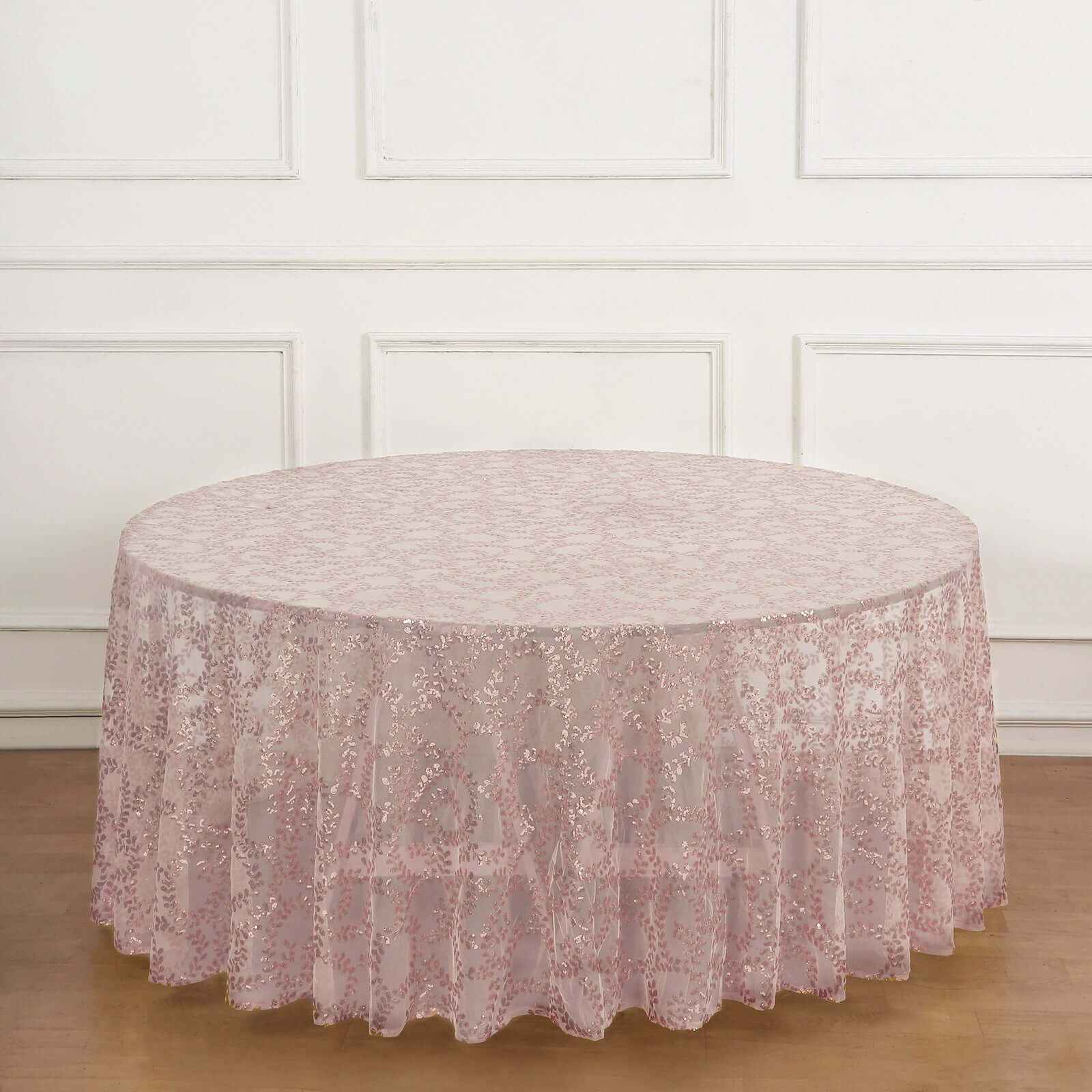 Tulle 120" Round Tablecloth Rose Gold - Seamless Sequin Leaf Embroidered Table Cover
